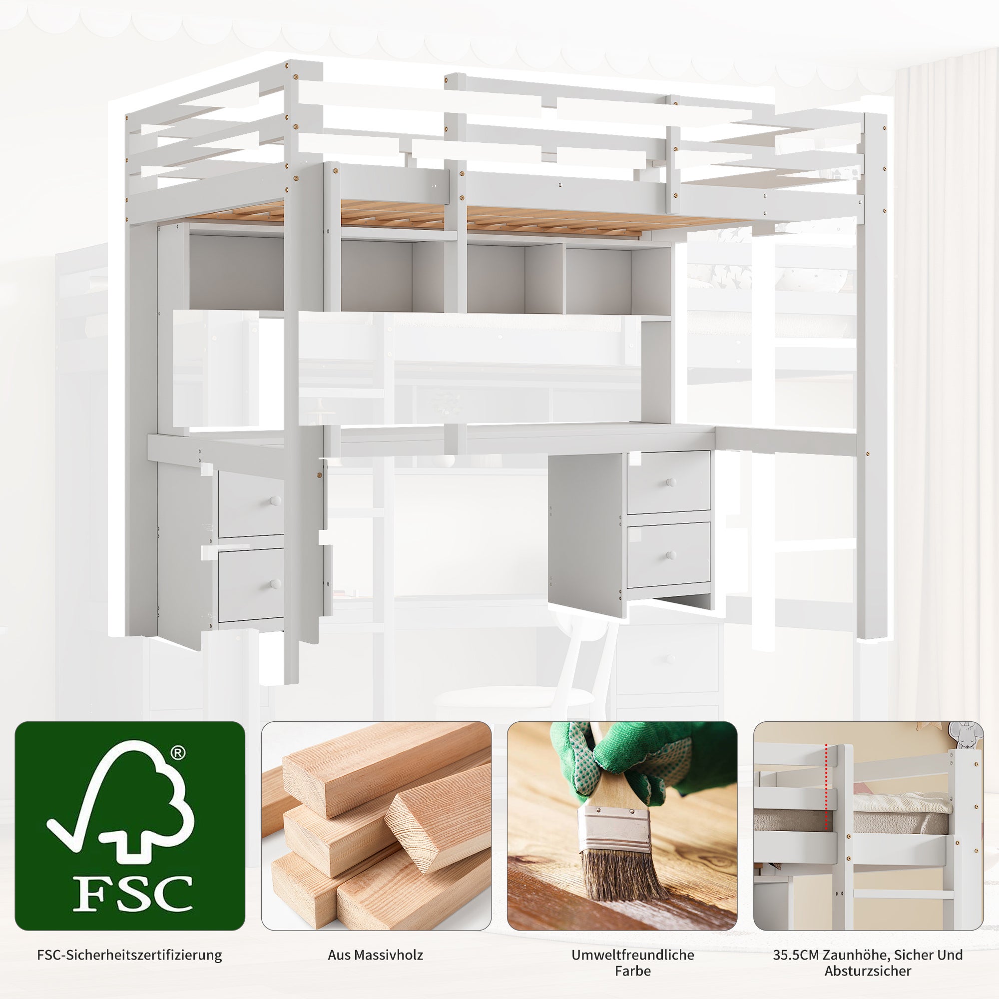 Lit mezzanine 90 x 200 cm avec table, Lit Superposé en bois avec grand espace de rangement, lit en pin avec rampe haute, blanc (sans matelas) - 3