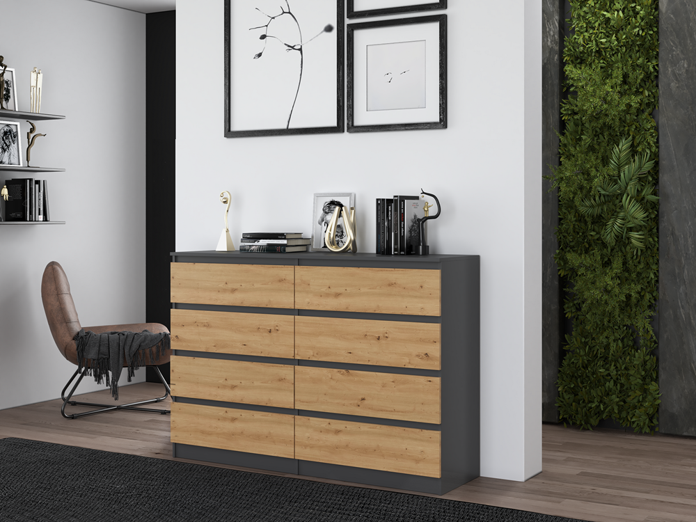 MILAN - Commode de chambre 8 tiroirs - 138x97x40cm - Meuble de rangement - Style moderne - Gris&Chêne - 9
