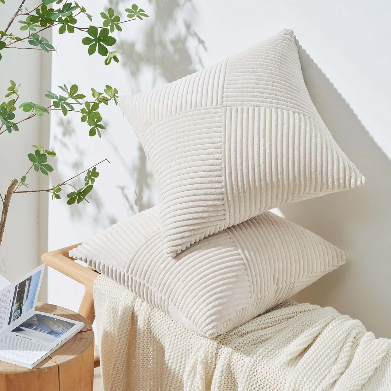 Lot de 2 Housse de Coussin 45x45 en Velours Côtelé Doux Crème Blanc,Housse Coussin Canapé Decoration Maison Salon Chambre pour Canapé - 2
