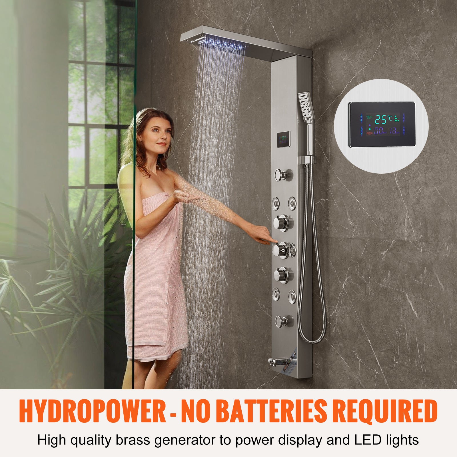 Sistema de panel de ducha 6 modos Panel hidroeléctrico LED con pantalla, lluvia, cascada, 8 chorros de masaje, grifo de bañera, ducha de mano SucceBuy - 4