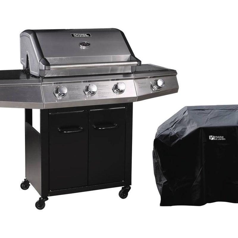 Grill gazowy z diodami LED "Bingo 4" - 4 palniki w tym 1 palnik boczny - 14 kW + Pokrowiec ochronny - Czarny