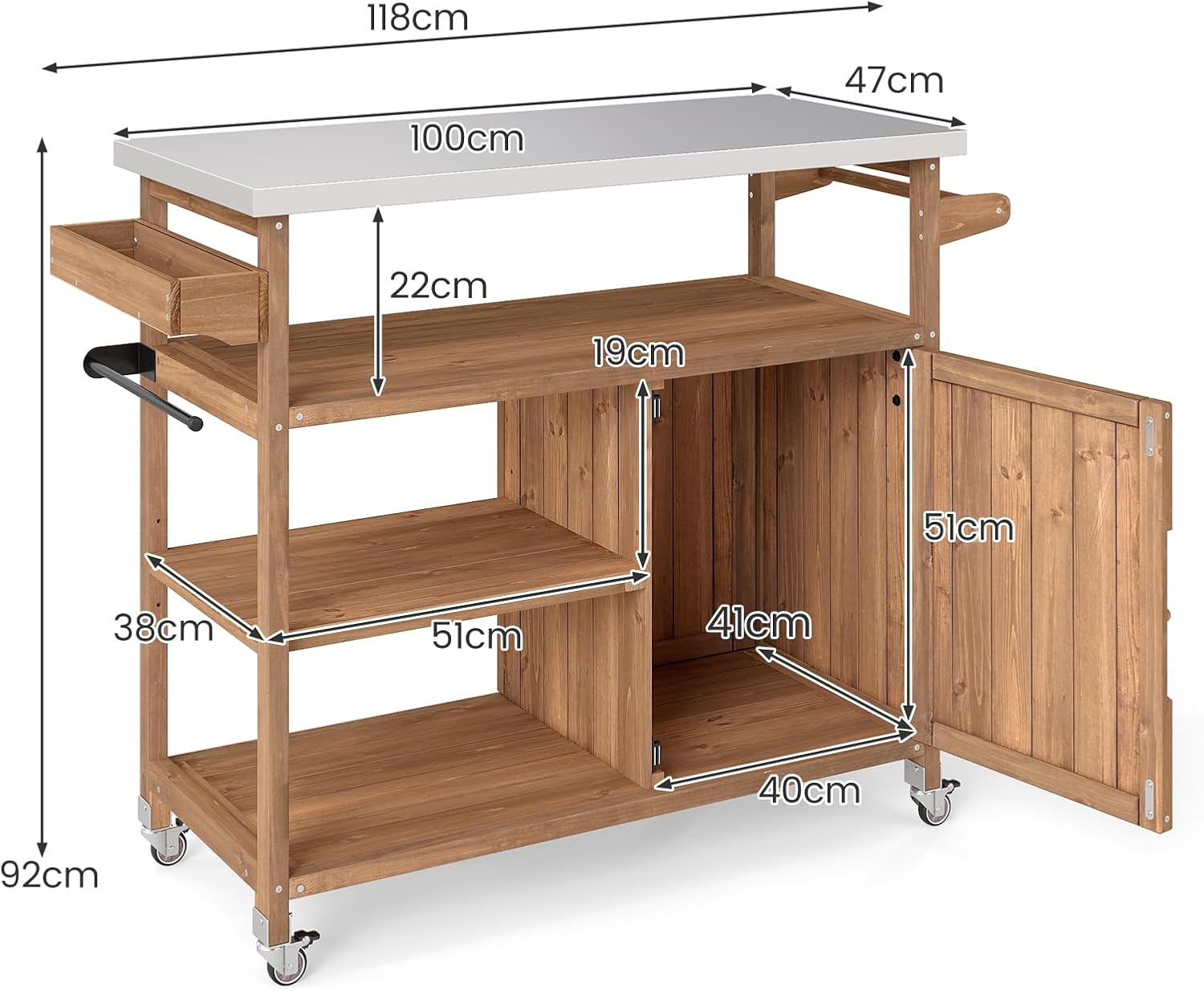 Desserte Jardin Plancha Barbecue, Desserte Jardinage en Bois avec Plan Travail en Acier Inoxydable, 3 Étagères Ouvertes (47x118x92CM,Naturel) - 2