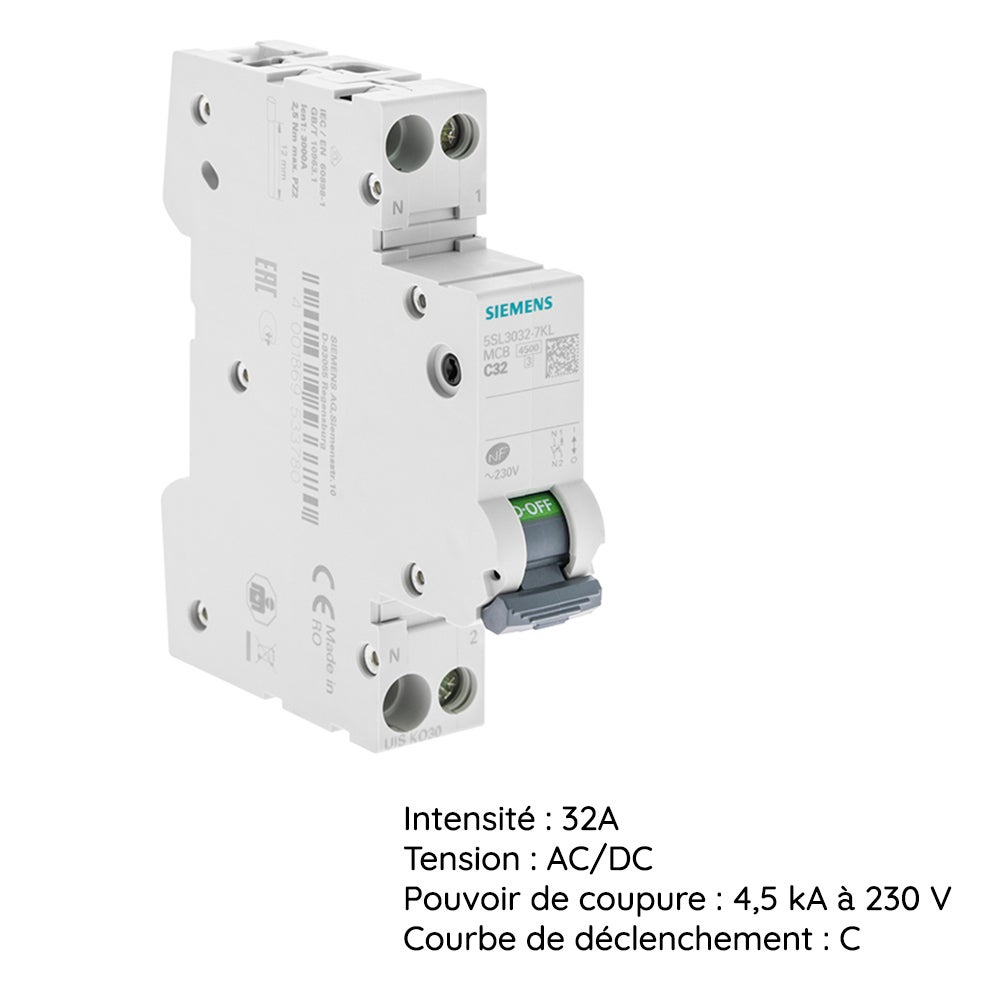 SIEMENS Disjoncteur 32A Ph+N courbe C 4.5kA 230V - 5