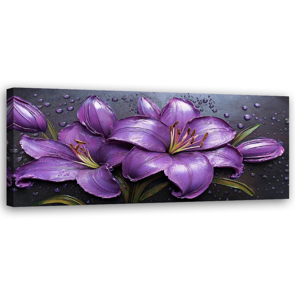 Obraz na płótnie, Fioletowe Lilie Kwiaty Krople Rosy 150x50