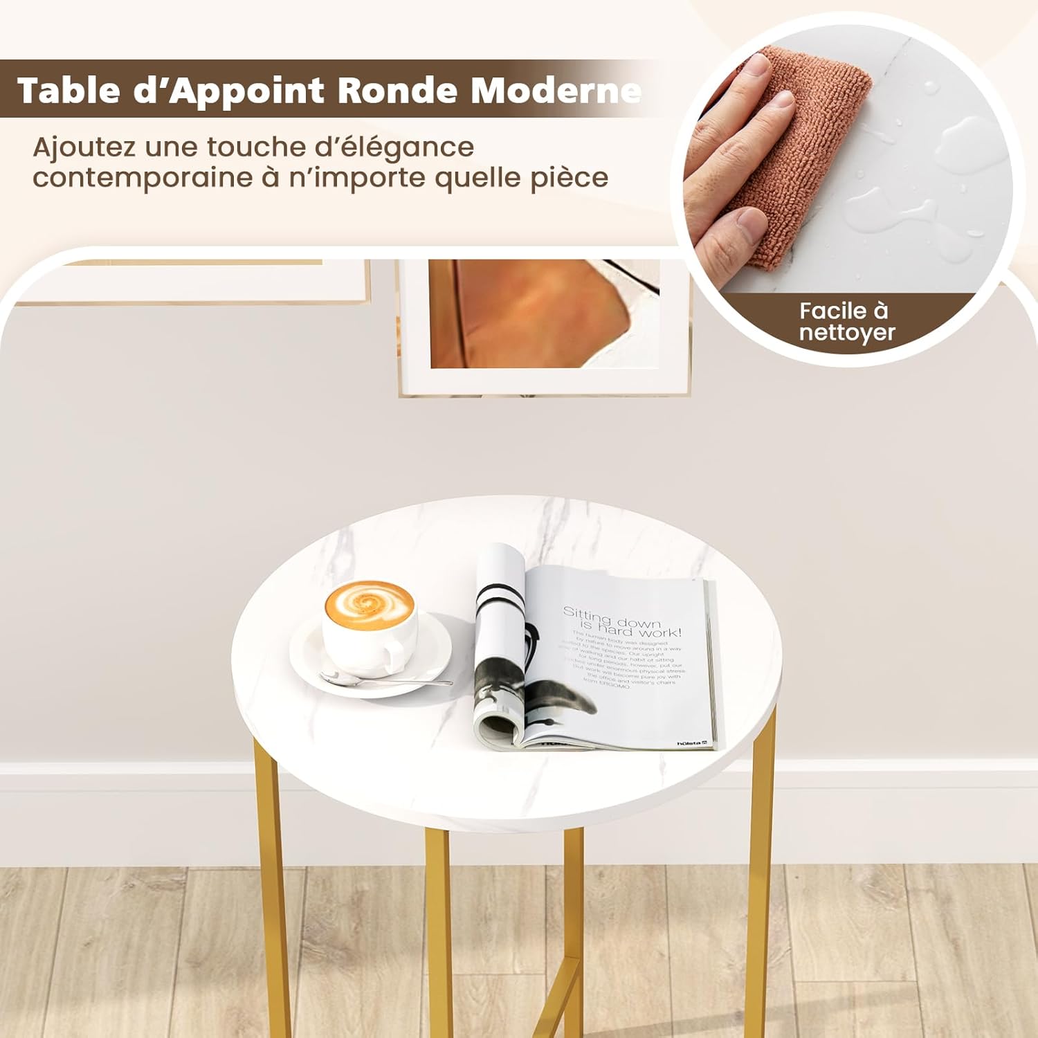 Tavolino Rotondo per Piccoli Spazi, Tavolino a 2 Ripiani con Cestino in Tessuto Rimovibile e Struttura in Metallo, Tavolino da Salotto, Camera - 7