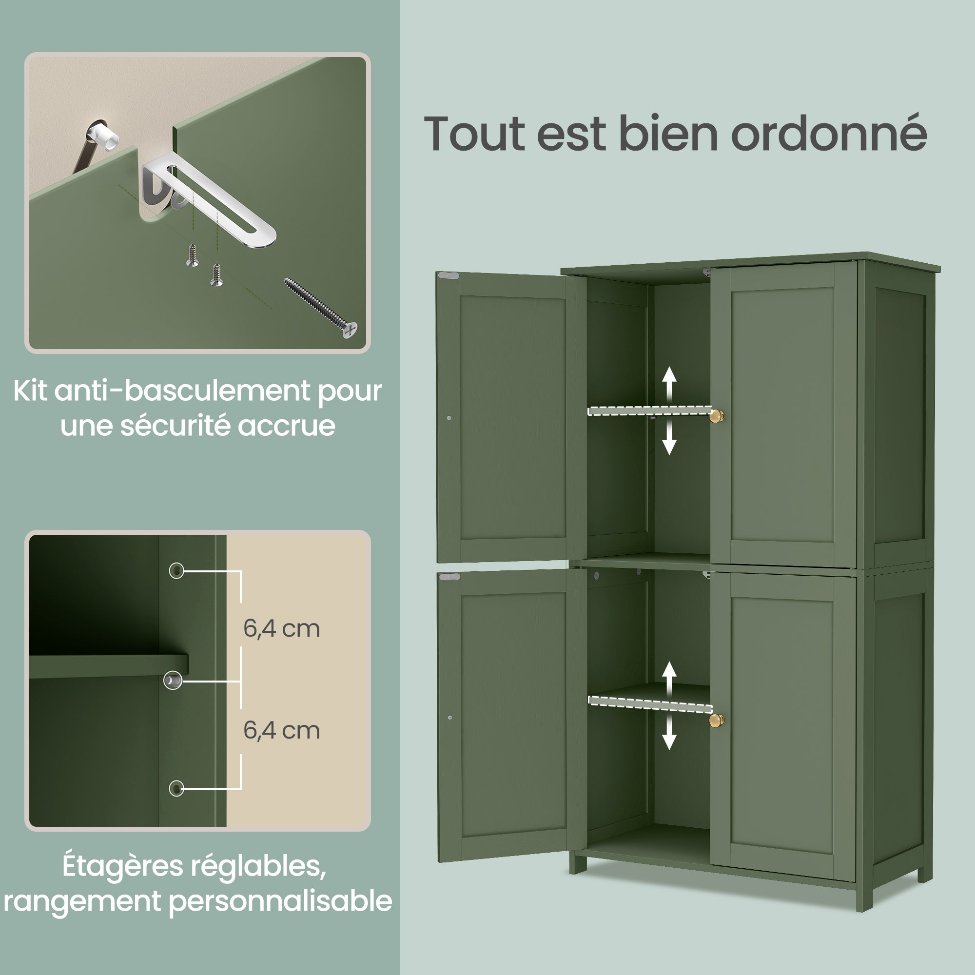 Armoire Haute de Rangement, Meuble de Cuisine avec 4 Portes, 2 Étagères Réglables, Style Shaker, Vert - 4