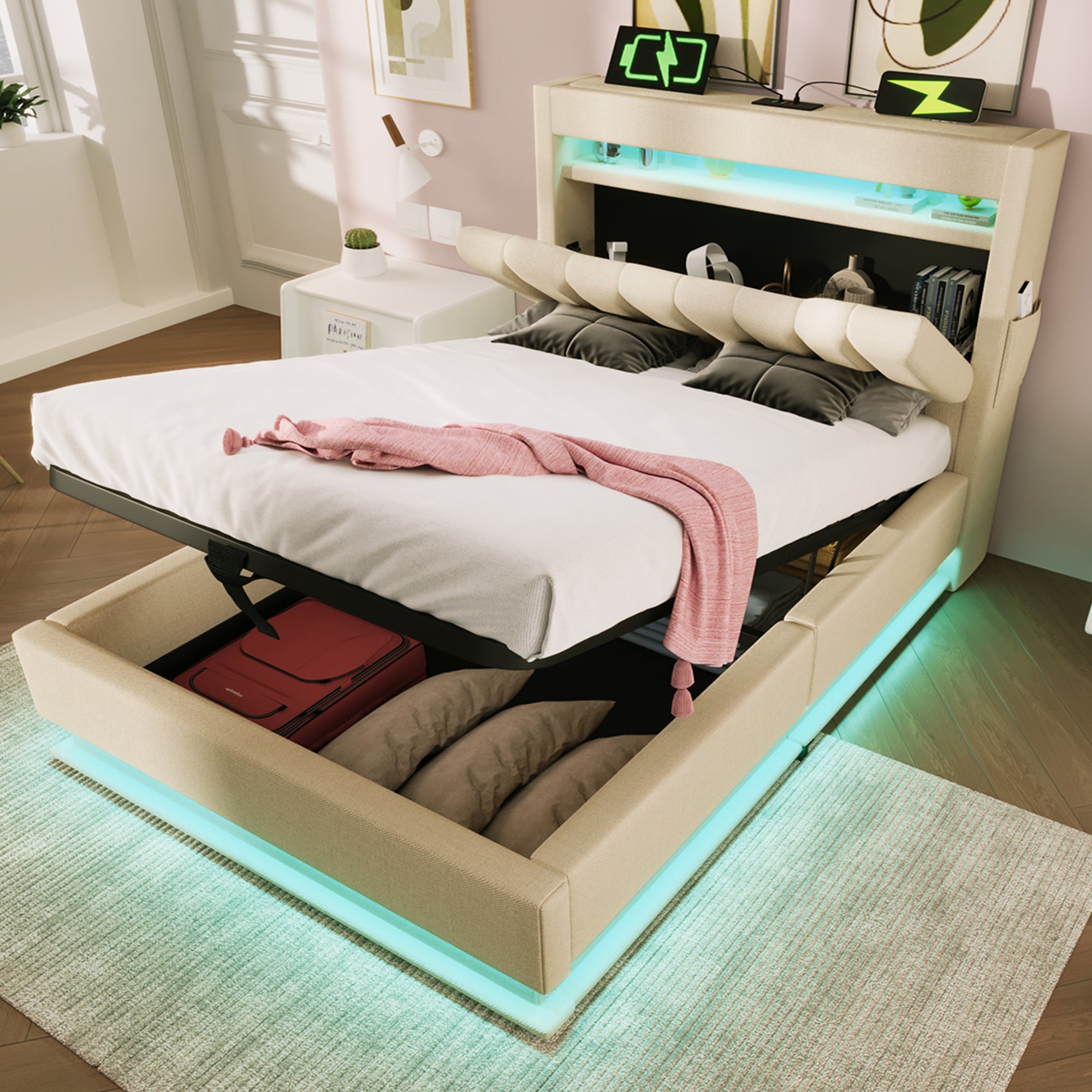 Lit Coffre 90x200 Avec Tête De Lit Capitonnée Et Rangement - Ports USB/Type-C Et éclairage LED Intégré - Cadre En Fer, Couleur Lin