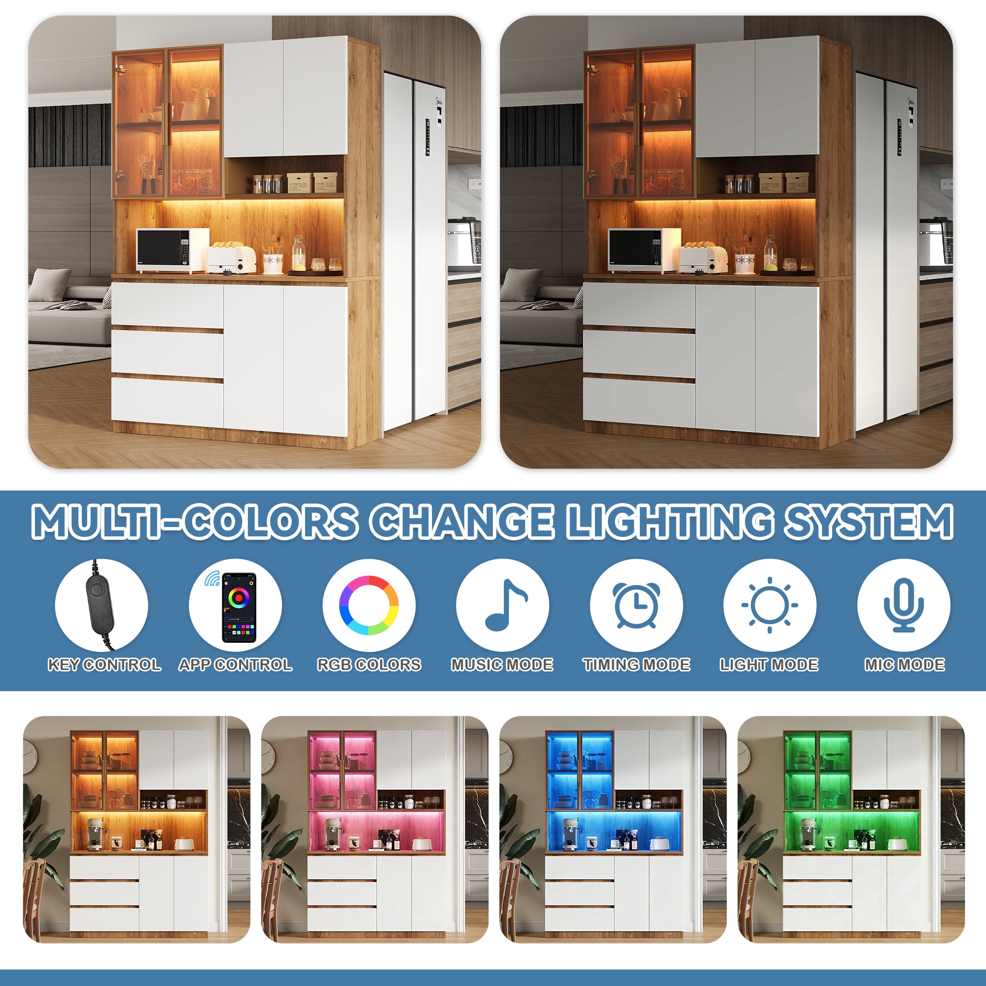 Meuble de cuisine 120,5 x 40 x 180 cm, armoire de rangement LED avec 3 tiroirs, 6 portes, étagères et niche micro-ondes, Blanc + bois naturel - 5