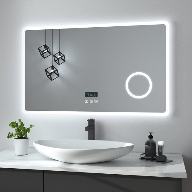 Heilmetz Miroir Salle de Bain LED 100x60 cm avec Bluetooth, Anti-buée, Éclairage 3 Couleurs, Horloge Digitale