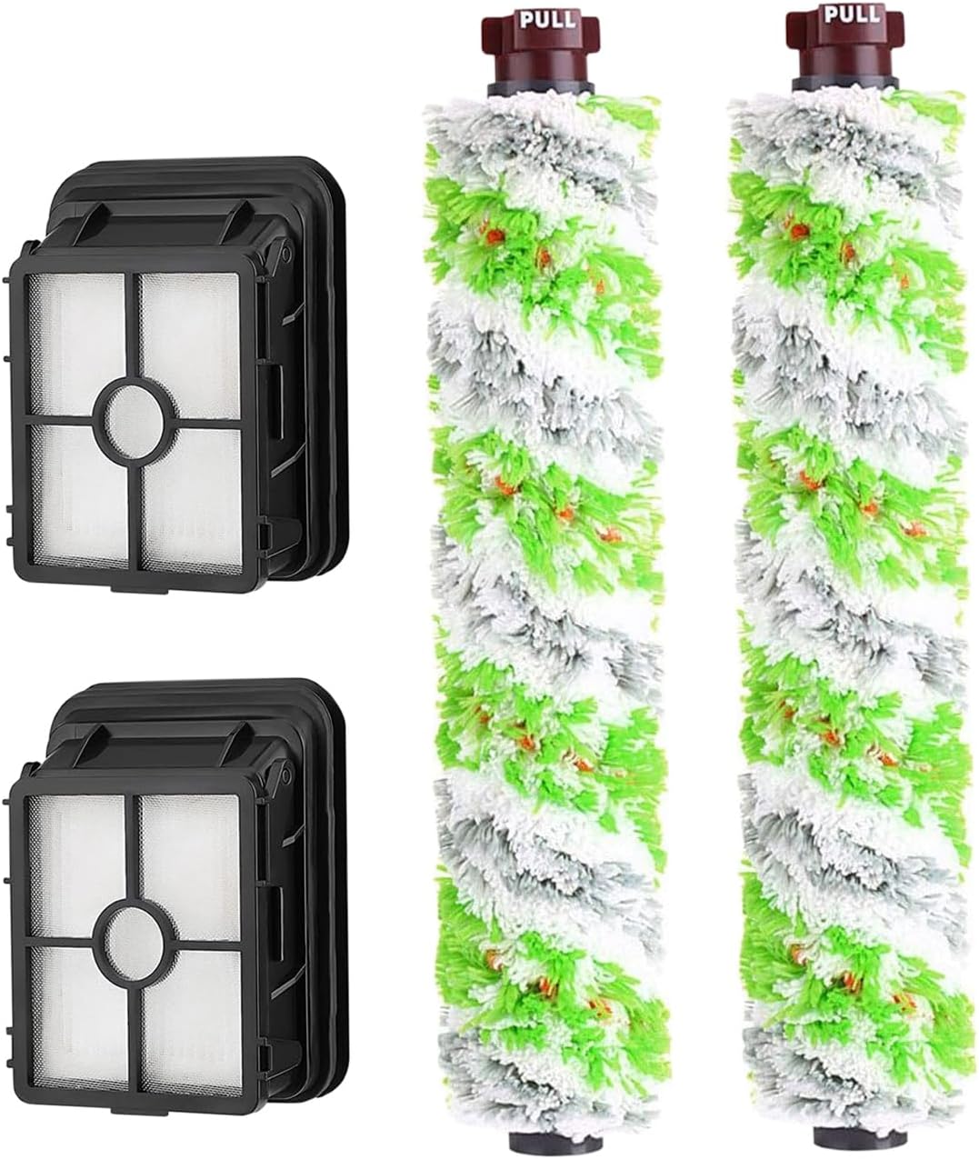 Zestaw wymiennych filtrów do szczotek Bissell CrossWave 1785 2306A, zawierający 2 obrotowe szczotki do sierści zwierząt i 2 filtry.