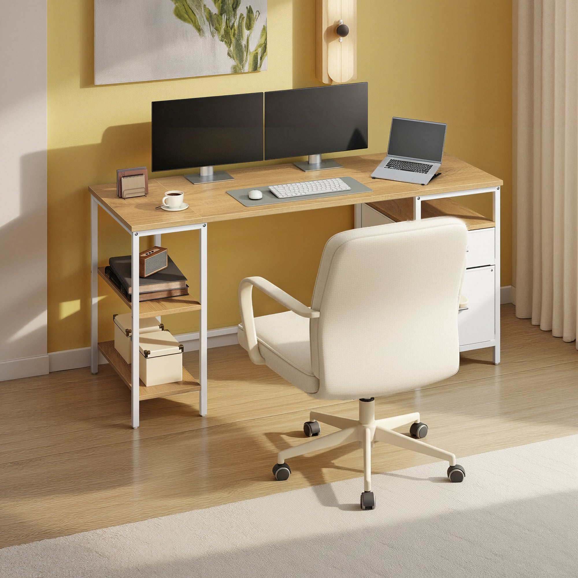 Bureau d’Ordinateur, 3 Étagères, 2 Tiroirs, 160 x 60 x 76 cm, Couleur Chêne et Blanc - 3