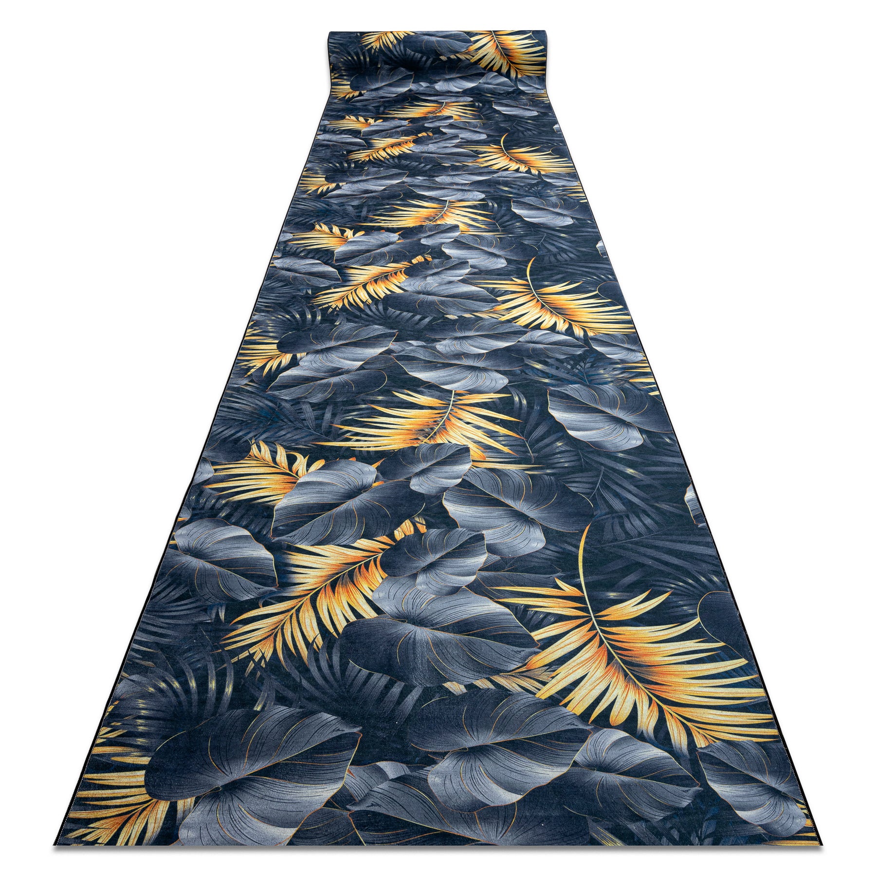 CHODNIK podgumowany DO PRANIA LOTUS FERNS 45270 Liście szary / złoty 80cm 80x790 cm