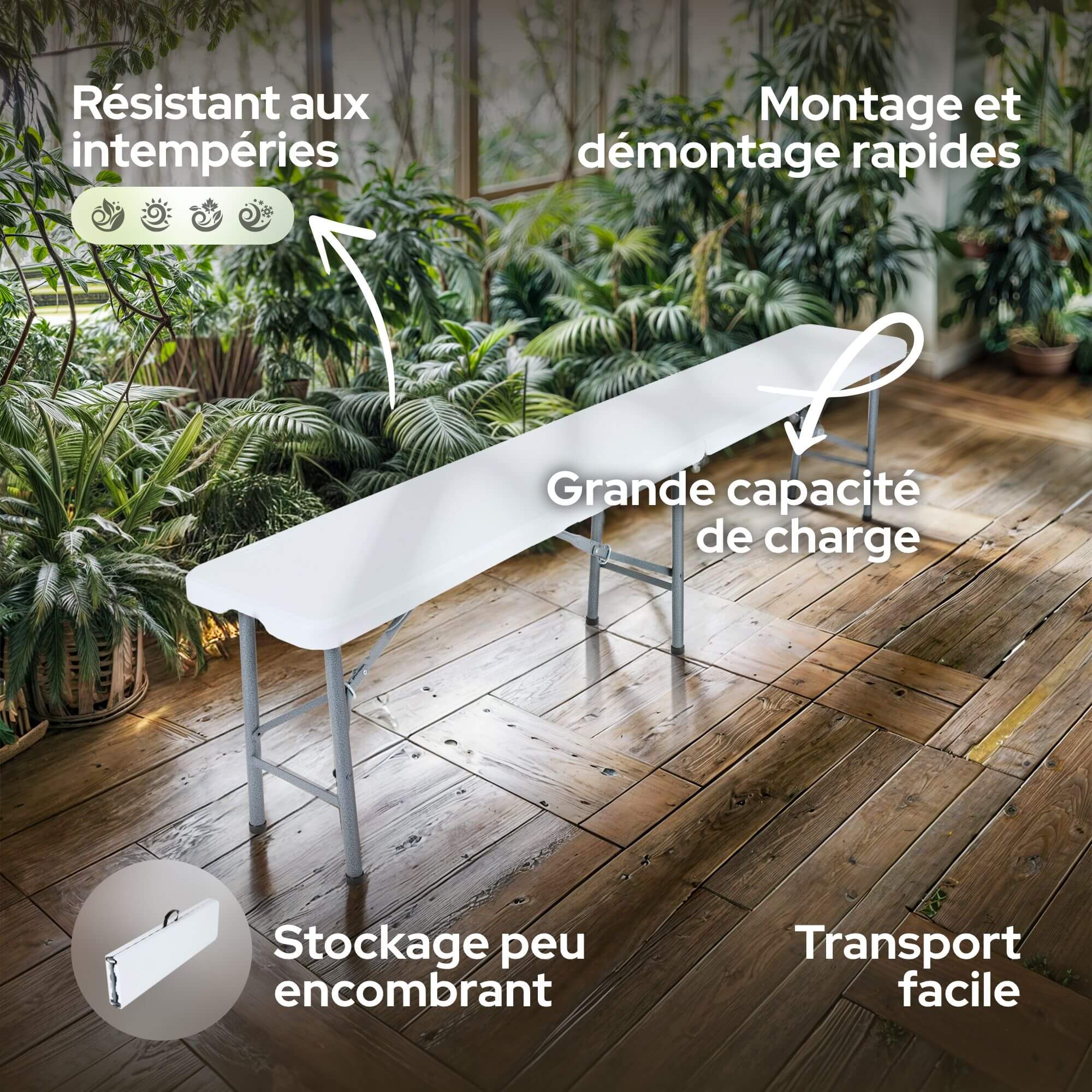 AREBOS Lot de 2 bancs pliants - Poignée de transport - 183 x 28 x 43 cm - Pour camping, jardin, fête, camping, tente à bière, banc de jardin, banc - 3