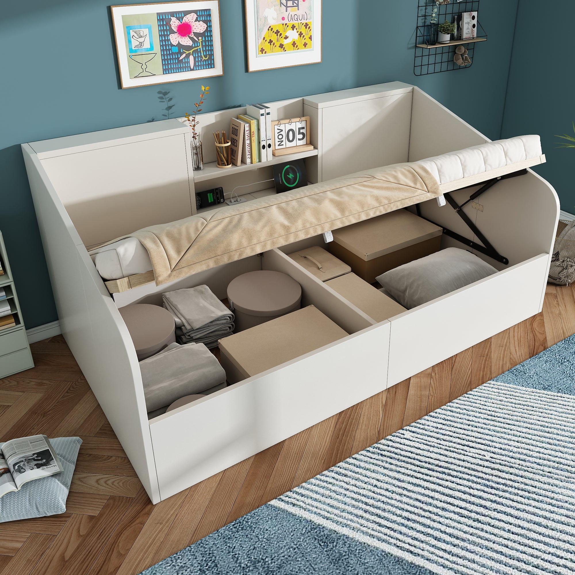 Łóżko z pojemnikiem 90 x 190 cm i 2 półkami – sosna + płyta wiórowa – porty ładowania USB/typu C – białe (materac nie jest dołączony) - 9
