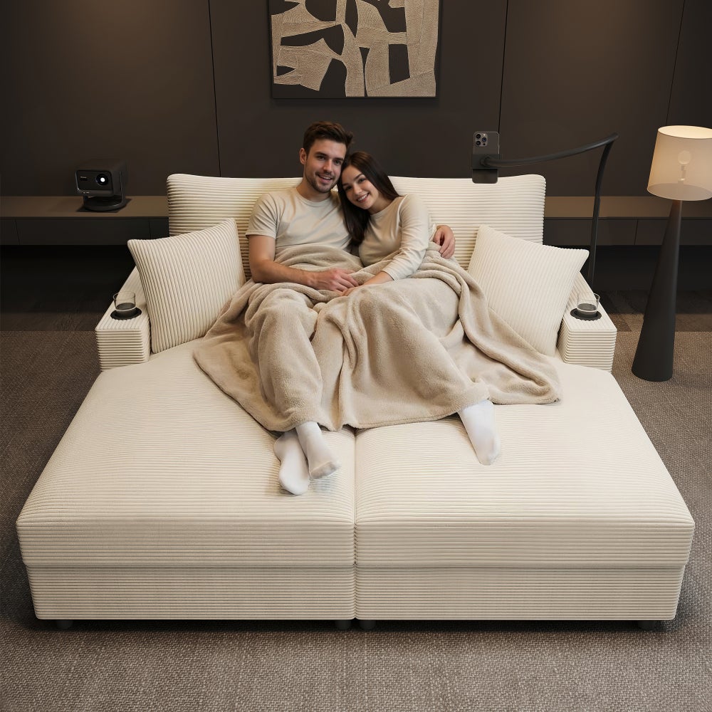 Sofa rozkładana XXL, 2-osobowa, z portem USB, uchwytem na kubek, uchwytem na telefon komórkowy, beżowa