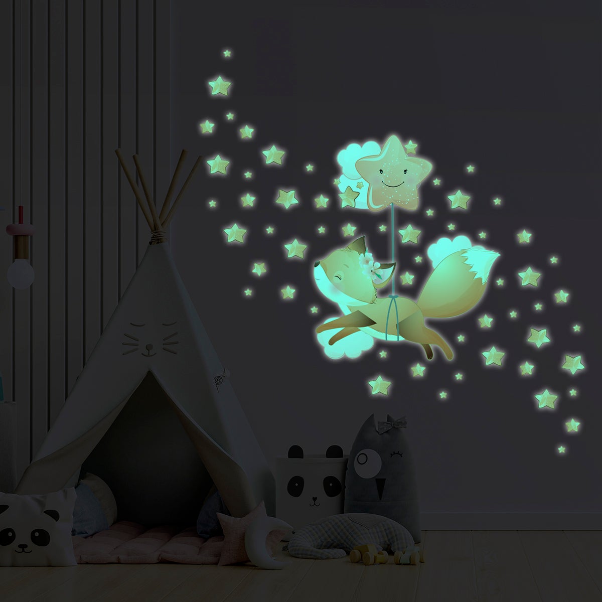 Adesivos fosforescente volpe tra le stelle + 60 stelle - Sticker adesivo - adesivi murali - 110x110cm - 5