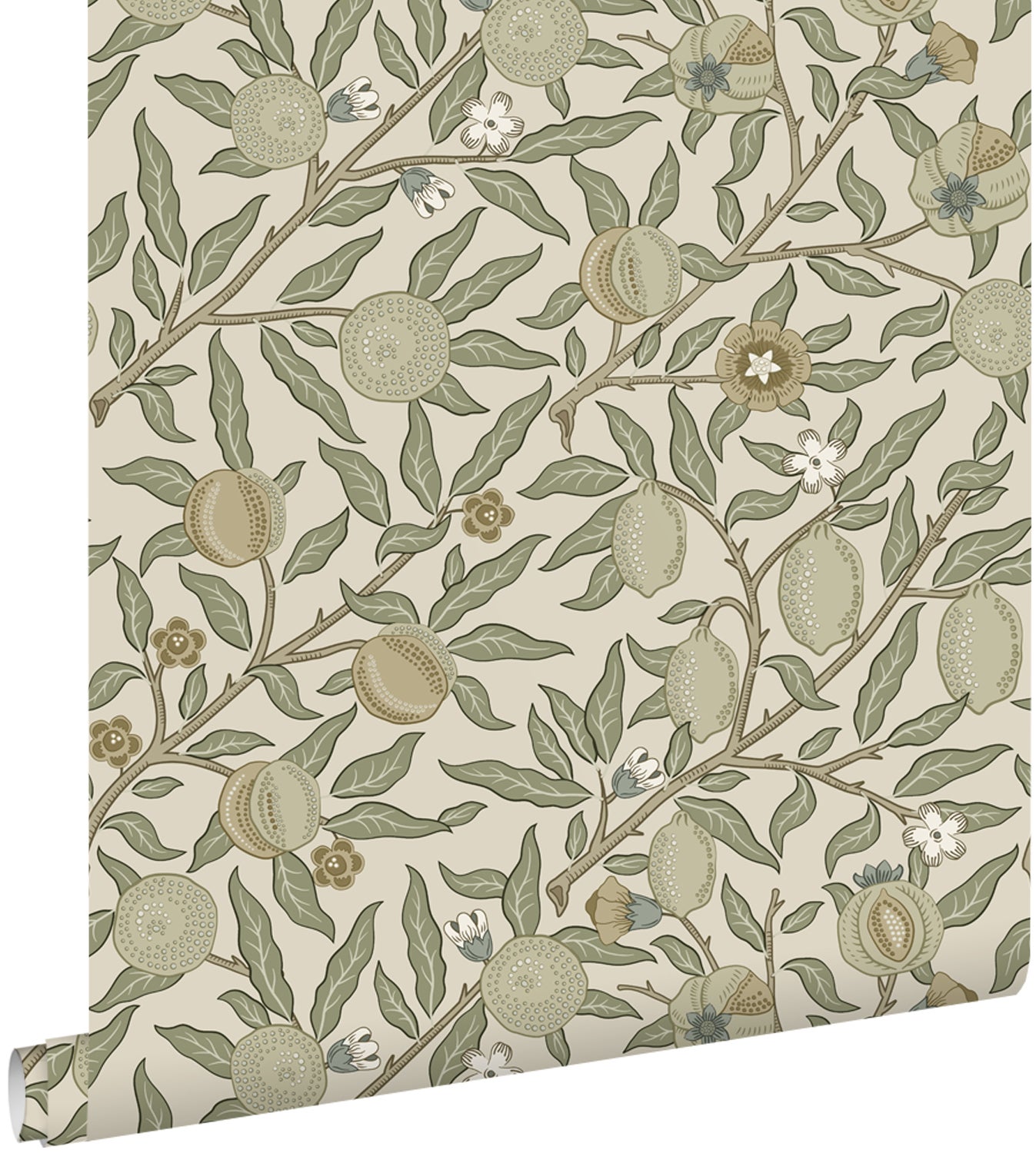 Papel pintado frutas y hojas exóticas verde oliva agrisado - 50 x 900 cm - estahome