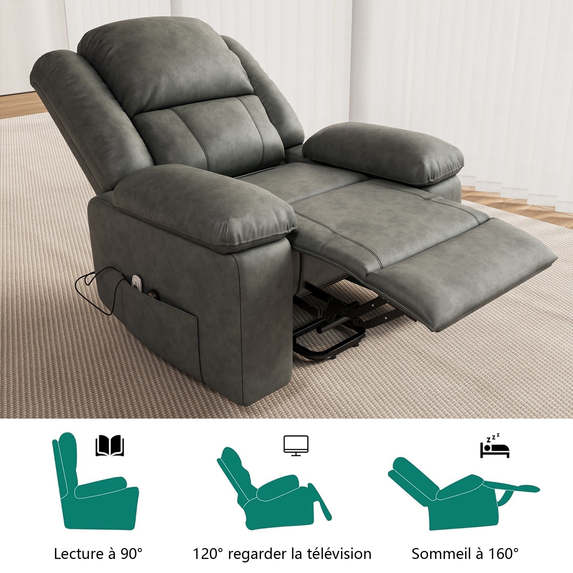 Fauteuil Électrique Releveur et Inclinable avec Fonction Massage - Chauffant 8 Points, Ports USB - Pour Seniors et Dégaine - Gris - 6