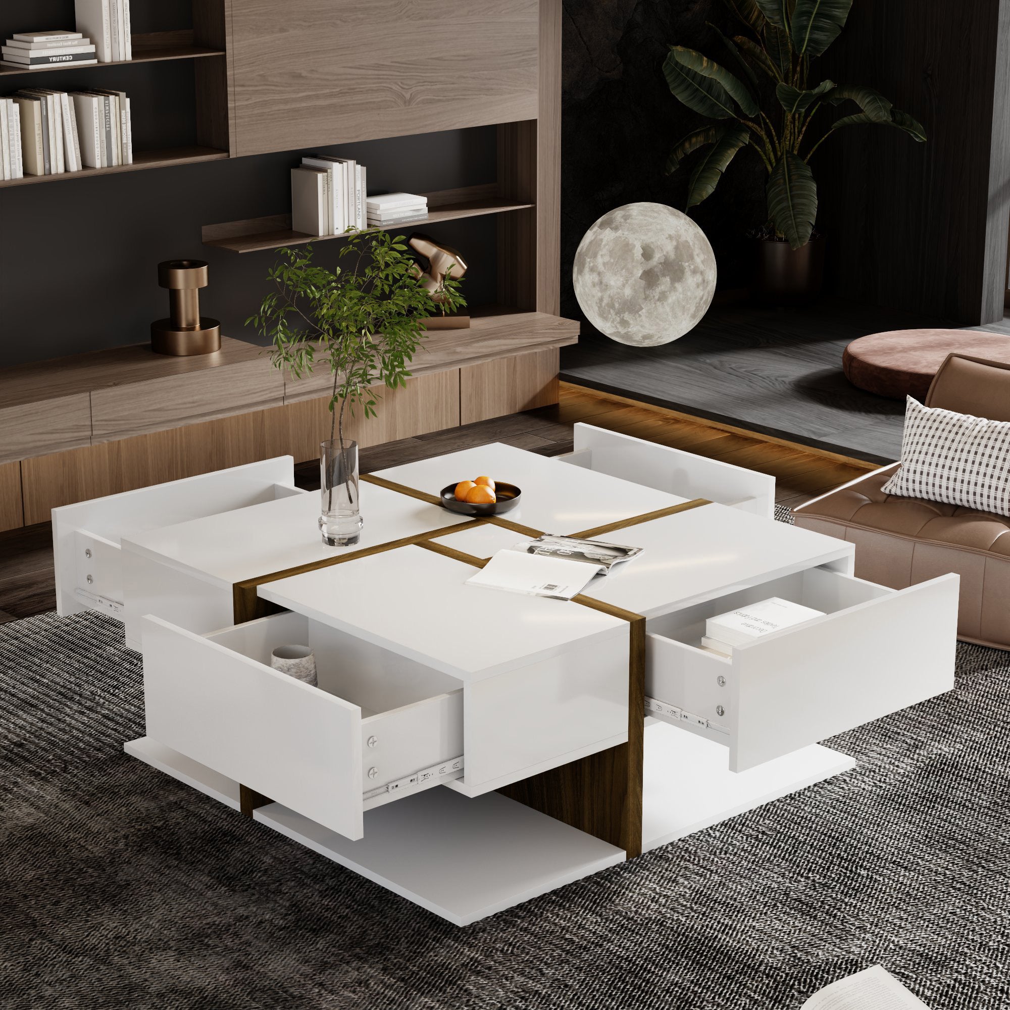 Table Basse Laquée avec Espace de Rangement Inférieur, Design Moderne à Lignes Bois, en Panneau de Particules Blanc et Couleur Bois 78×78×34,8 cm - 6