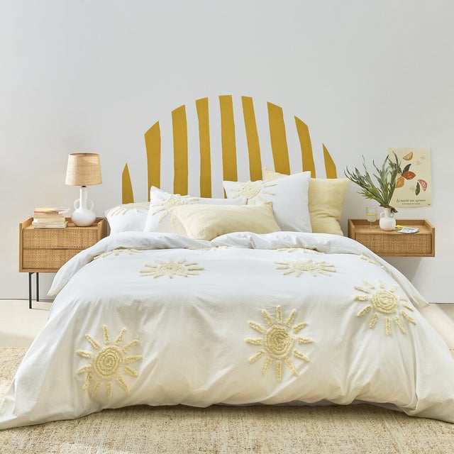 Housse de couette en coton tufté, Melenaos - Blanc/jaune - 200 x 210 cm