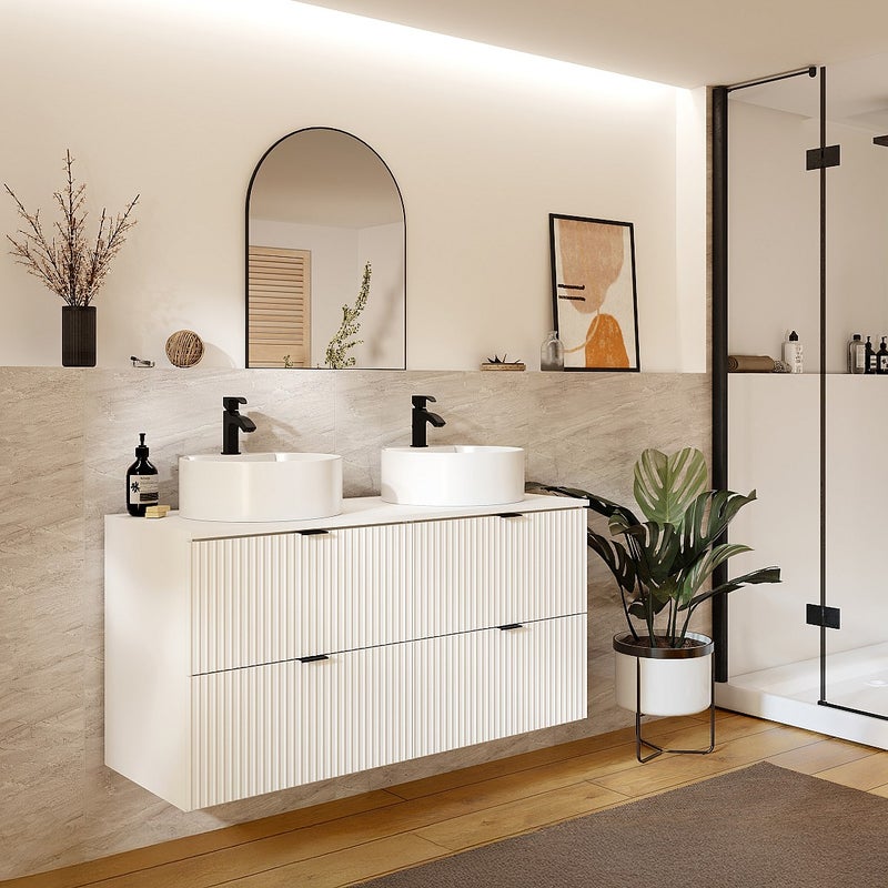 Wisząca ryflowana szafka łazienkowa z okrągłą umywalką nablatową - Biały mat - 120 cm - ZEVINI