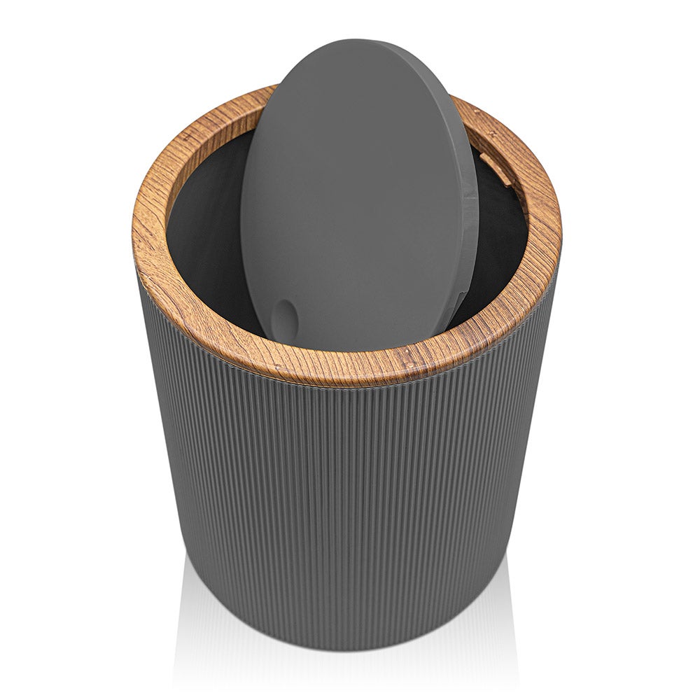 Poubelle 5lt Gris couvercle basculant détails effet bois Blob - 2