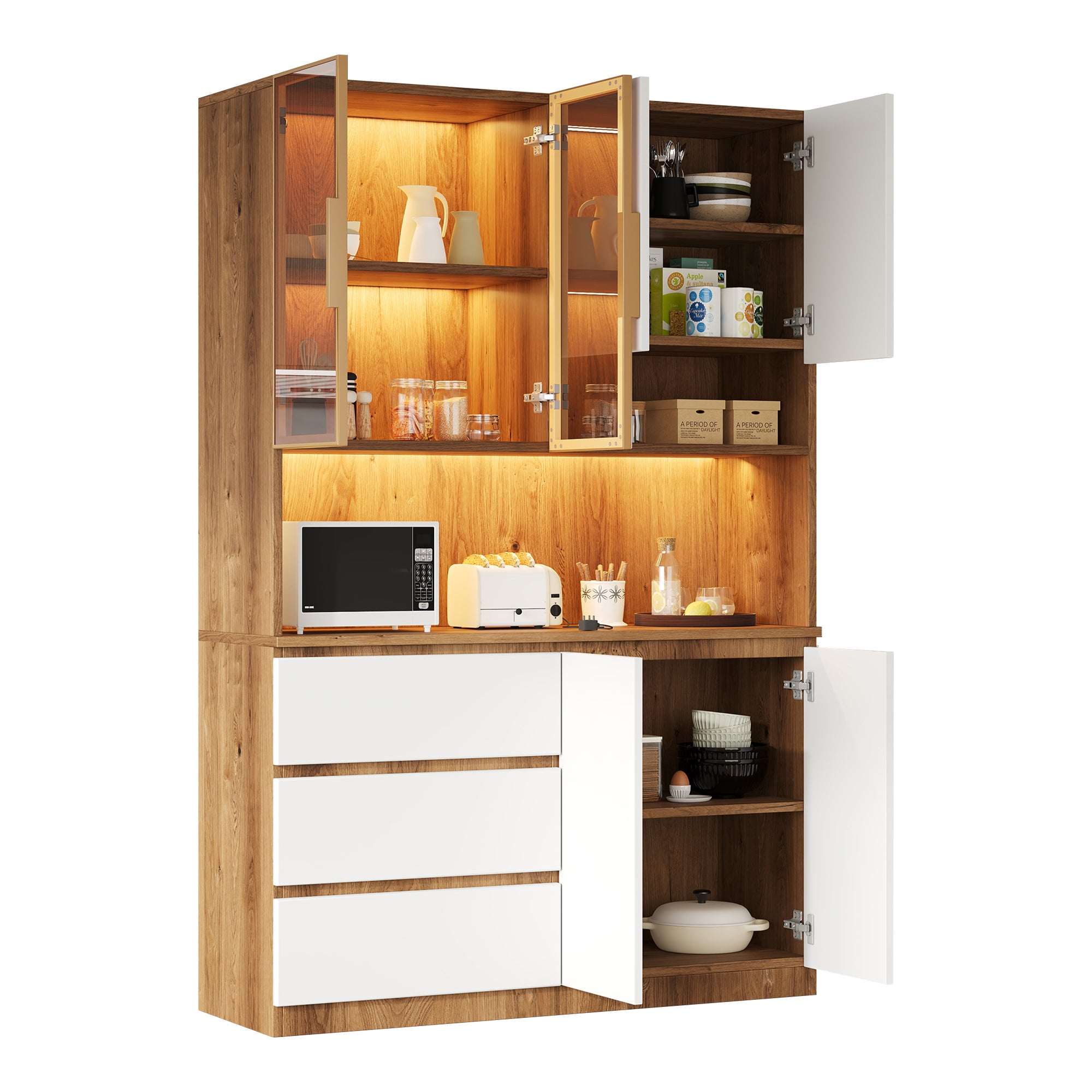 Meuble de cuisine 120,5 x 40 x 180 cm, armoire de rangement LED avec 3 tiroirs, 6 portes, étagères et niche micro-ondes, Blanc + bois naturel - 9