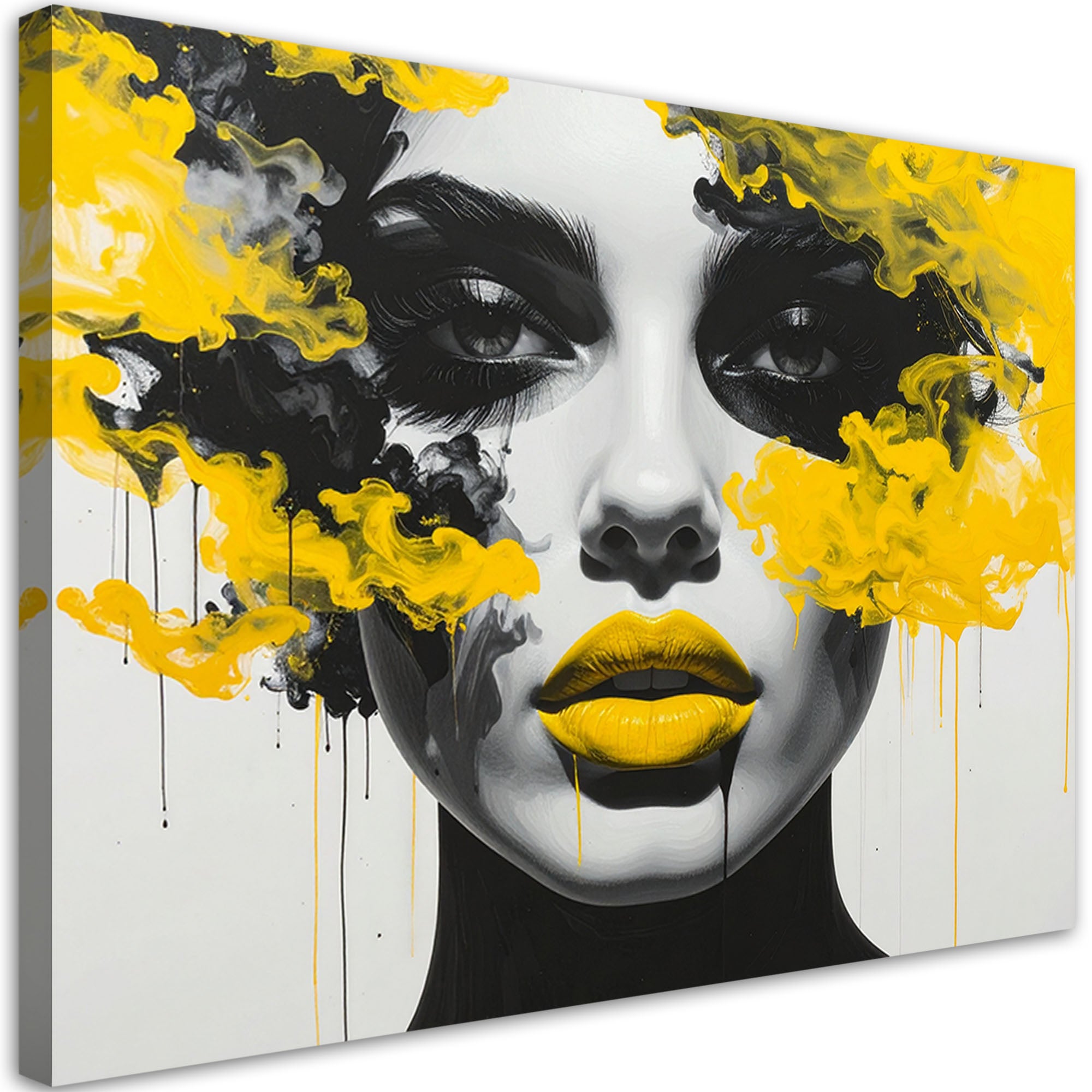 Obraz do salonu sypialni biura, Portret kobiety z elementami żóltego koloru 120x80
