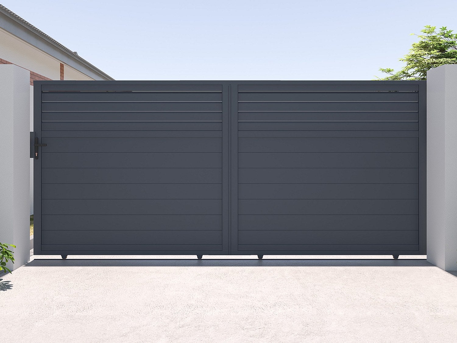 Brama elektryczna przesuwna żaluzjowa z antracytowego aluminium szer. 416 x wys. 180 cm - VIAZO