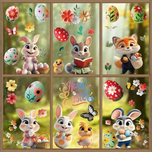 YIHELU Adesivi per Finestre di Pasqua, Vetrofanie pasquali – Simpatici Coniglietti, Uova – PVC Statico Riutilizzabile – Vetrofanie Bifacciali per Decorazioni Pasquali per Casa, Vetro, Porte e Specchi