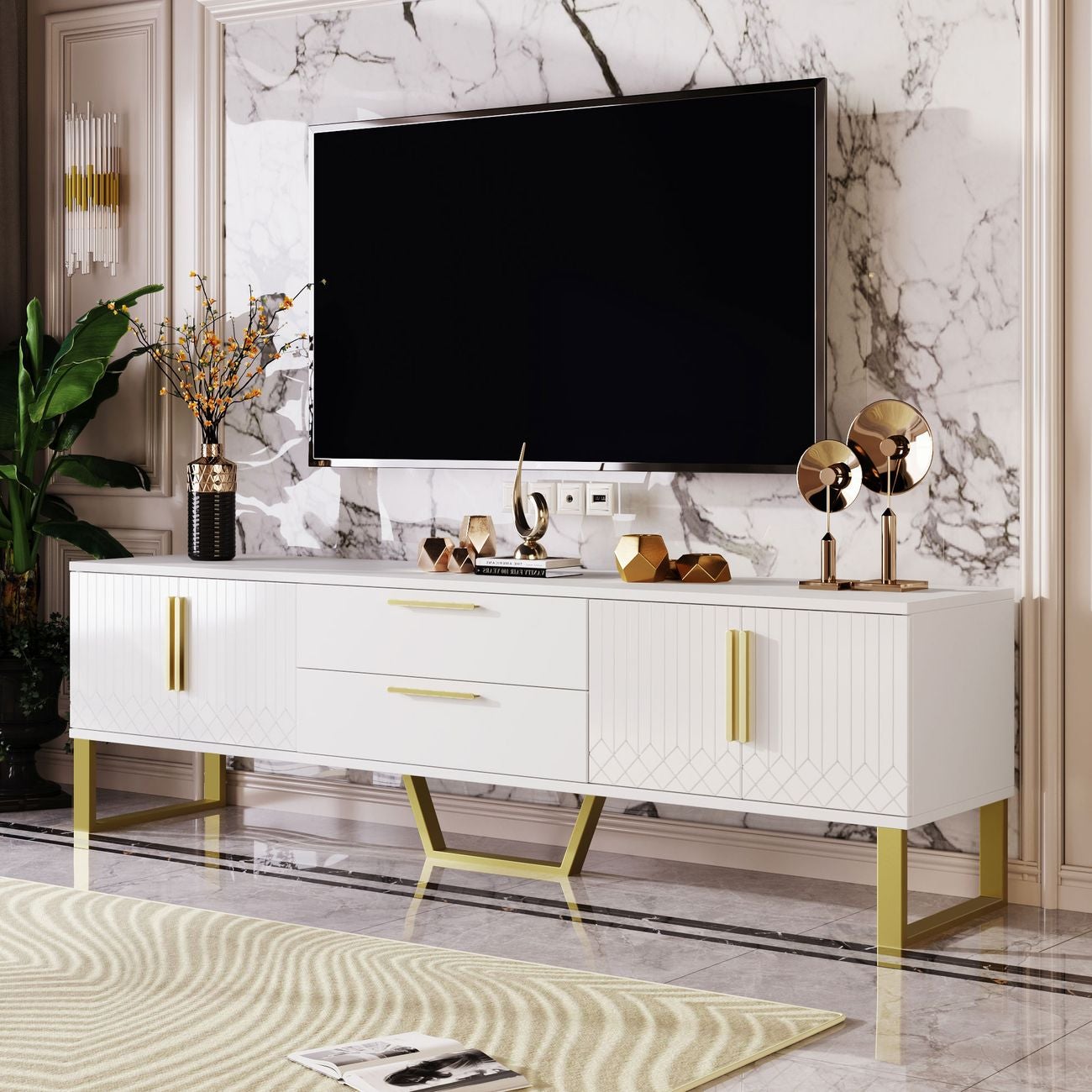 Meuble TV contemporain, rangement avec portes texturées, finition haut ...