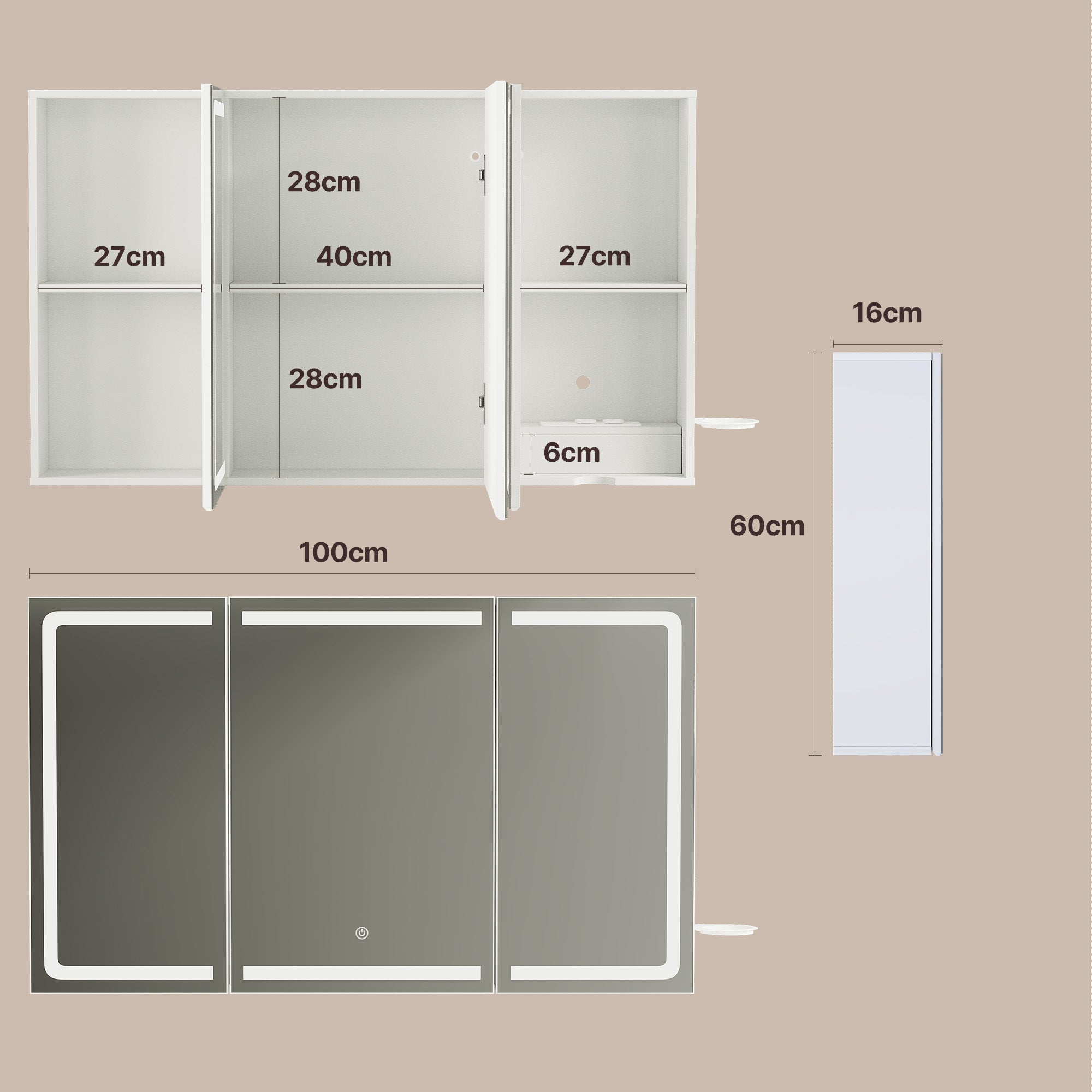 Armadio da toilette specchio con LED,3 ante,100 x 16 x 60 cm,ripiani regolabili,3 temperature di luce - 3