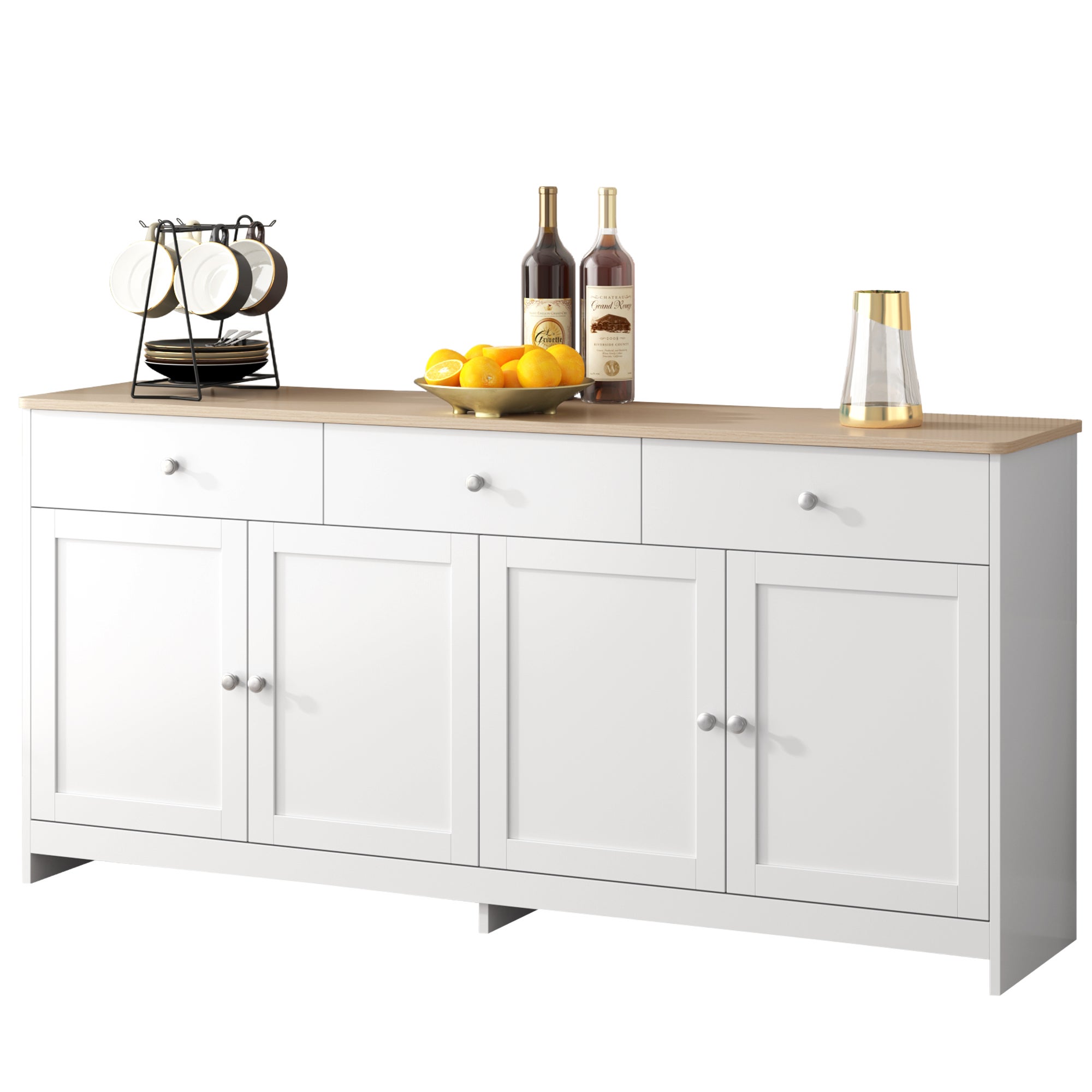 Buffet bas avec 4 portes et 3 tiroirs - bois MDF - décor chêne et blanc - pour salon ou cuisine - 160 x 37 x 75 cm - 3