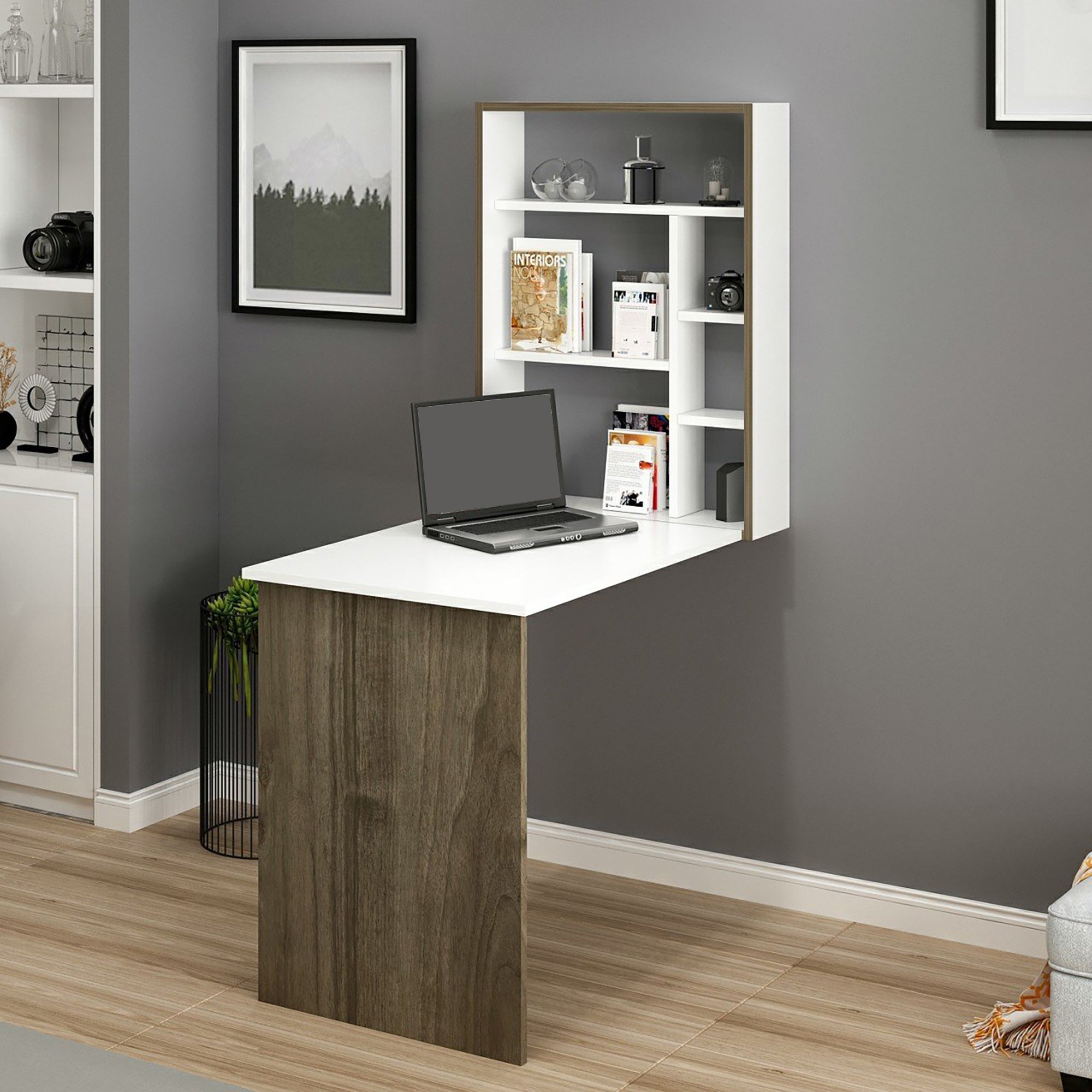 Bureau mural Greve rabattable avec étagère intégrée 82 x 62 x 16 cm blanc / effet noyer [en.casa] - 4