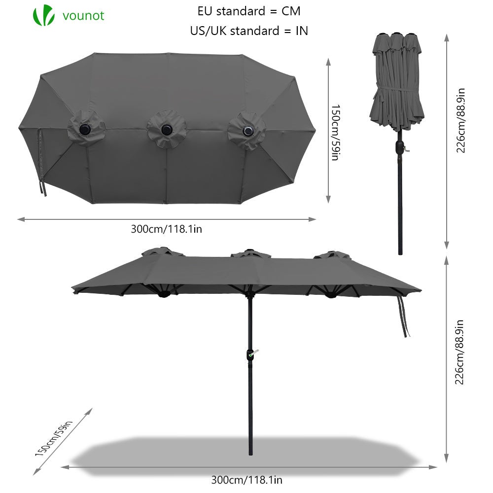 Parasol Jardin Double Aluminium 150 x 300 cm gris VOUNOT® - 2