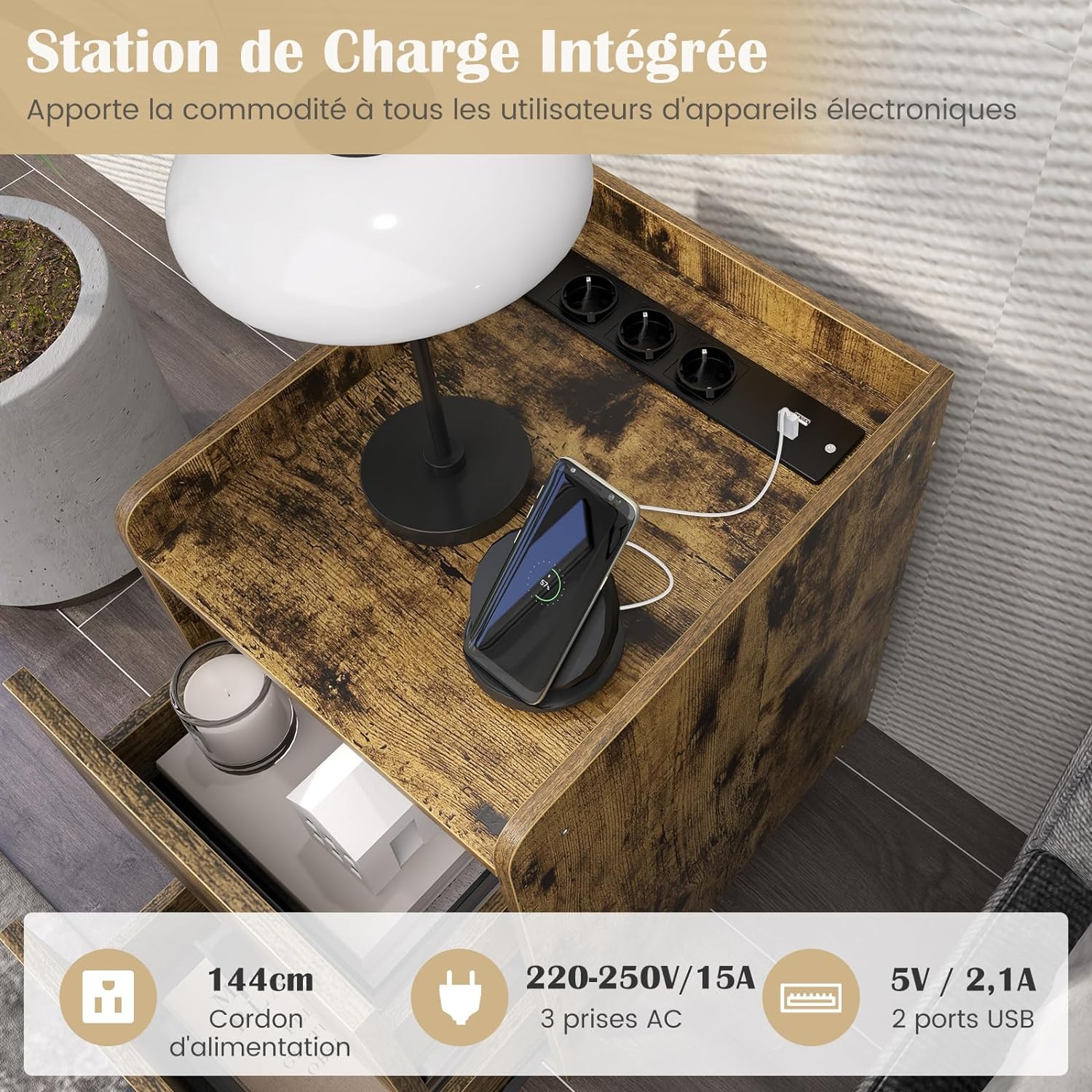 Table de Chevet avec Prise,2 Tiroirs Coulissants, 1 Passe-câble, 2 Ports USB & 3 Prises, Bords Surélevés, 40 x 32 x 60 cm(Marron Rustique) - 2