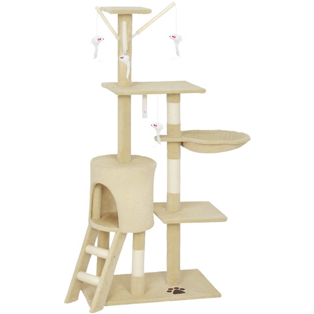 PawHut Torre per Gatti con Casetta, Trespolo, Piattaforme e 4 Topolini Appesi, 60x35x134 cm, Beige