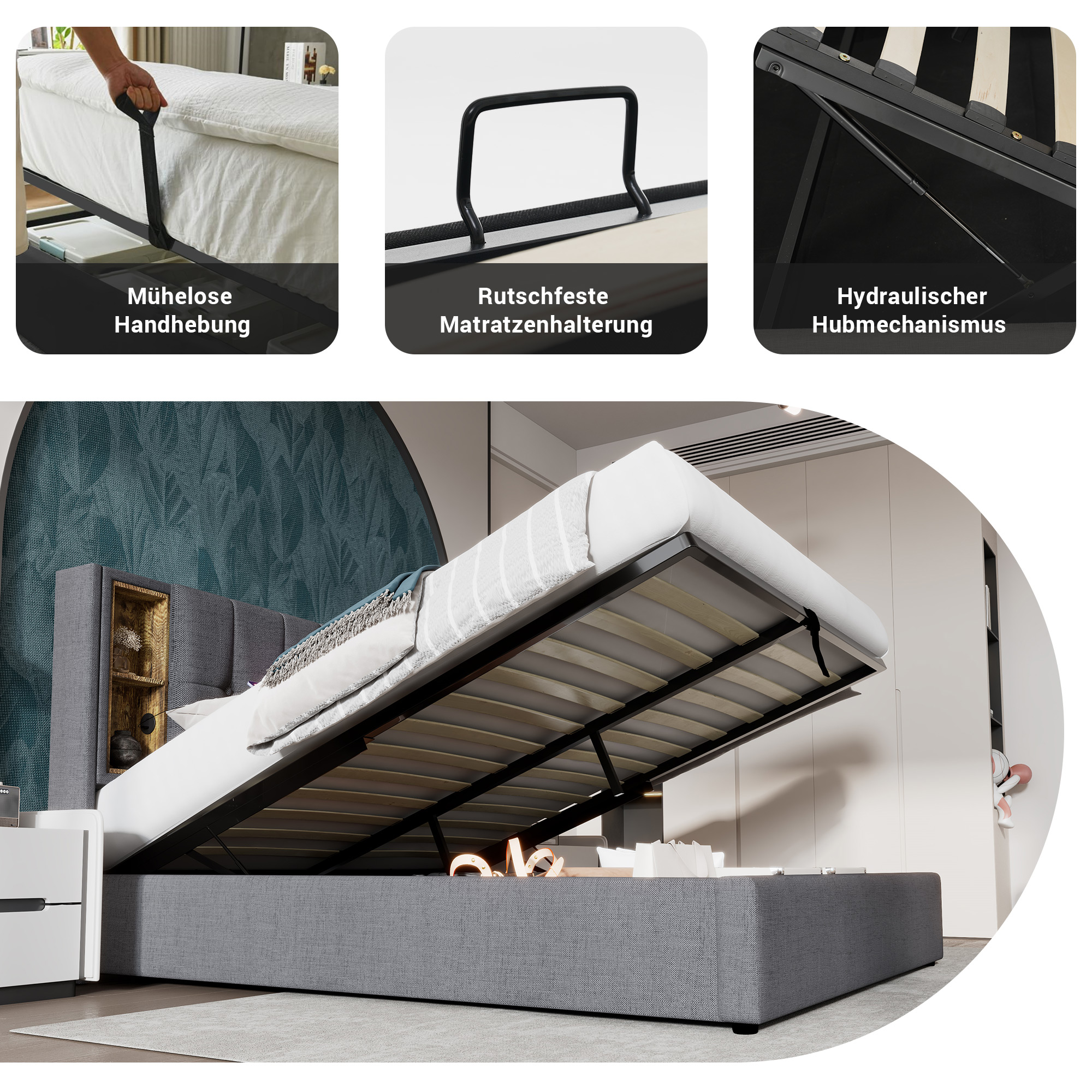 Letto matrimoniale con contenitore 140 x 200 cm, letto idraulico,con ricarica wireless USB C e rete, testiera imbottito con scaffale,cotone grigio - 7