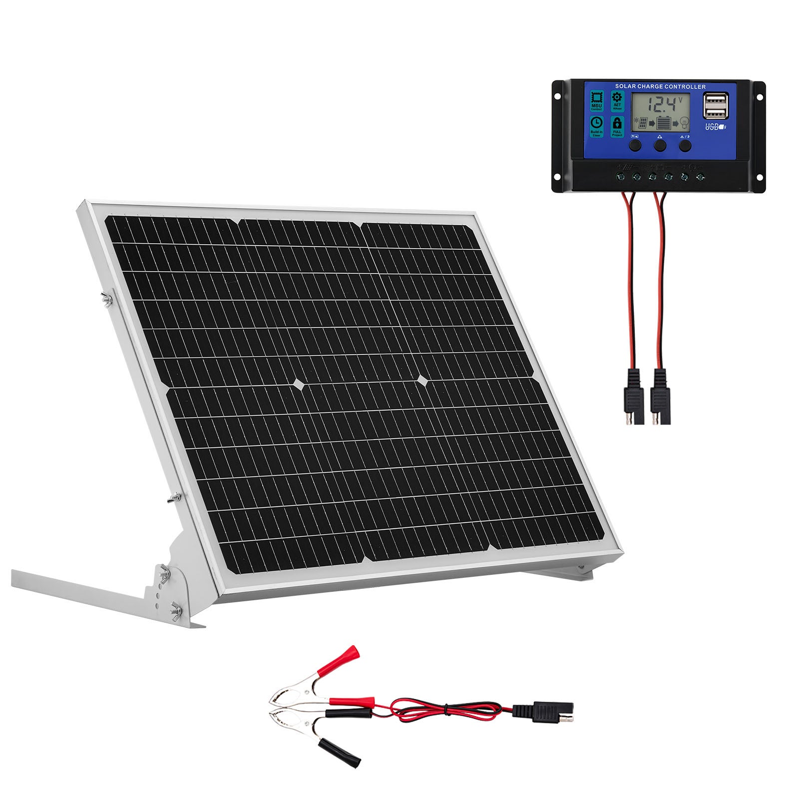 Ładowarka solarna 12 V VEVOR 50 W MPPT panel monokrystaliczny IP65 do akumulatorów samochodowych kamperów łodzi