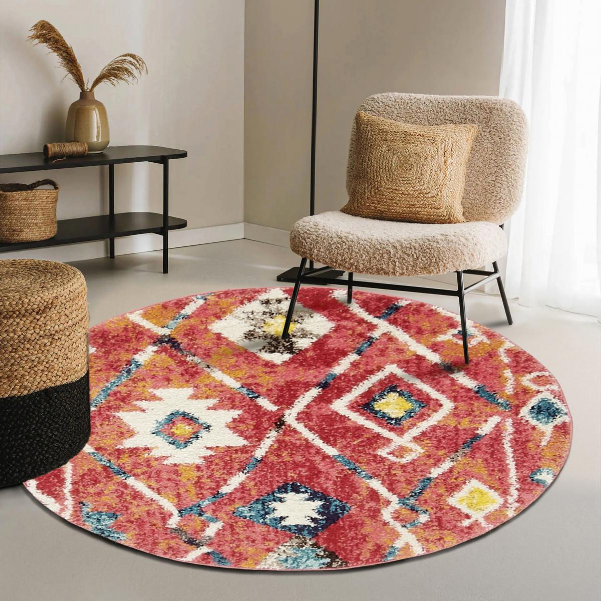 Tapis berbère rond Ø160cm tissé motifs tribaux LYN5 OURIKA B bleu et jaune - 2