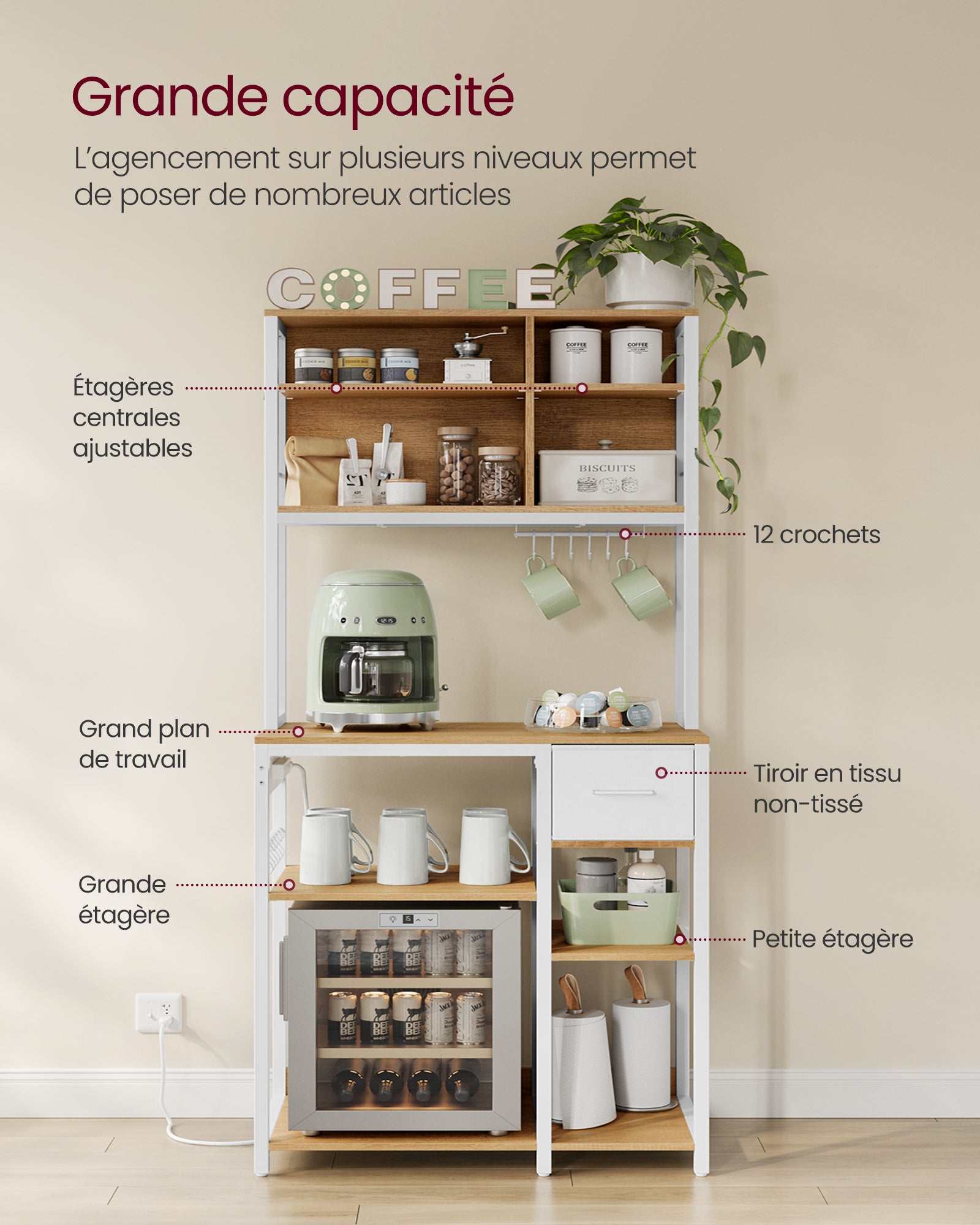 Étagère de Cuisine avec Multiprise, Bar à Café avec Étagères Réglables, 40 x 80 x 180,4 cm,Blanc - 3