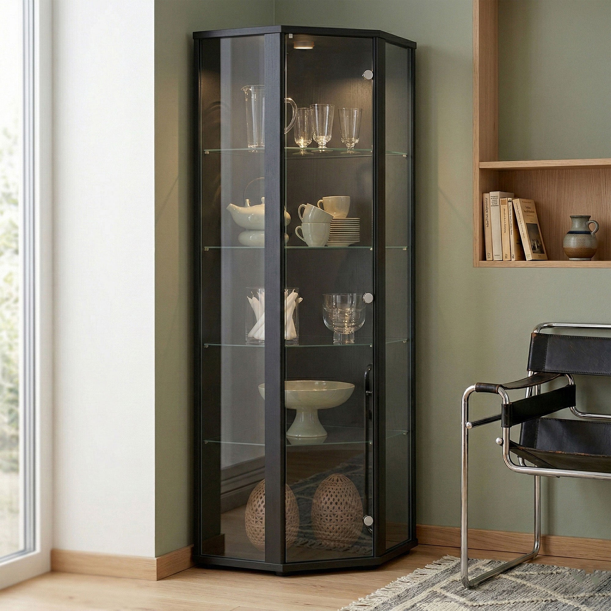 K-Möbel Szklana witryna narożna stojąca, 176x56,5x56,5 cm, Made in Germany, z LED i 4 szklanymi półkami, Czarna