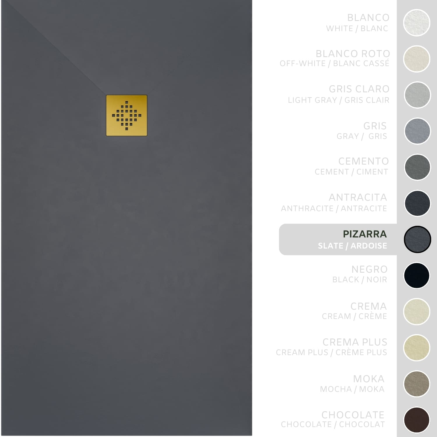 SOULHOME Brodzik prysznicowy– Żywica– Gel Coat– Gładka/Kamienna tekstura – Antypoślizgowy – łupkowy – 110x80- Niski 3 cm– Ruszt Złoty