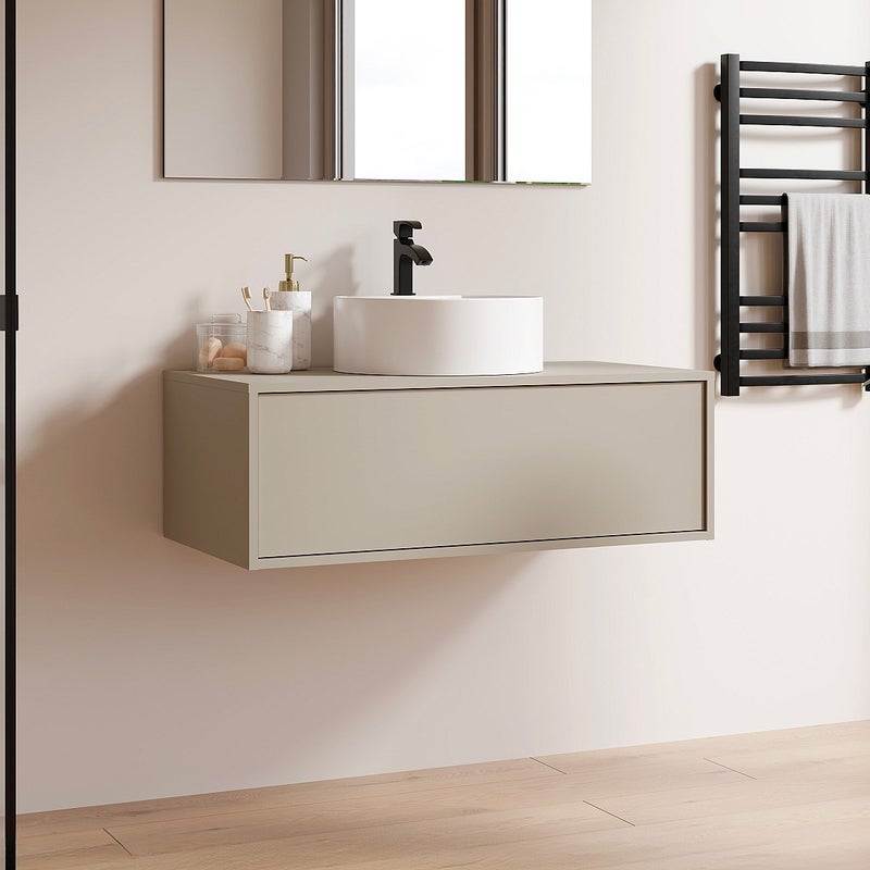 Szafka łazienkowa wisząca beżowa z pojedynczą okrągłą umywalką - 94 cm - TEANA II