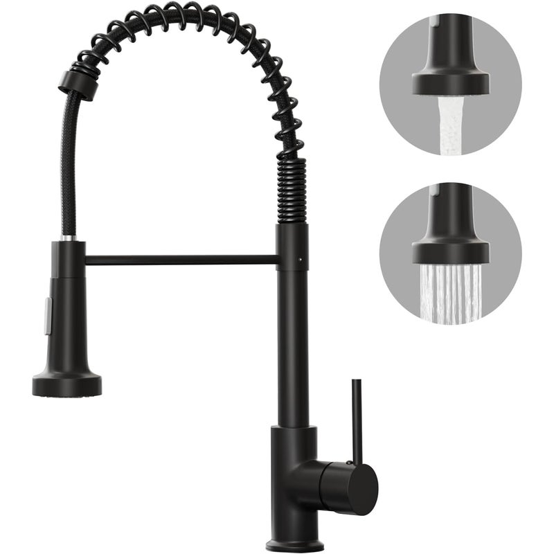 Matowa czarna bateria kuchenna - 2-funkcyjna bateria zlewozmywakowa z wyciąganą wylewką - obracana o 360° bateria sprężynowa