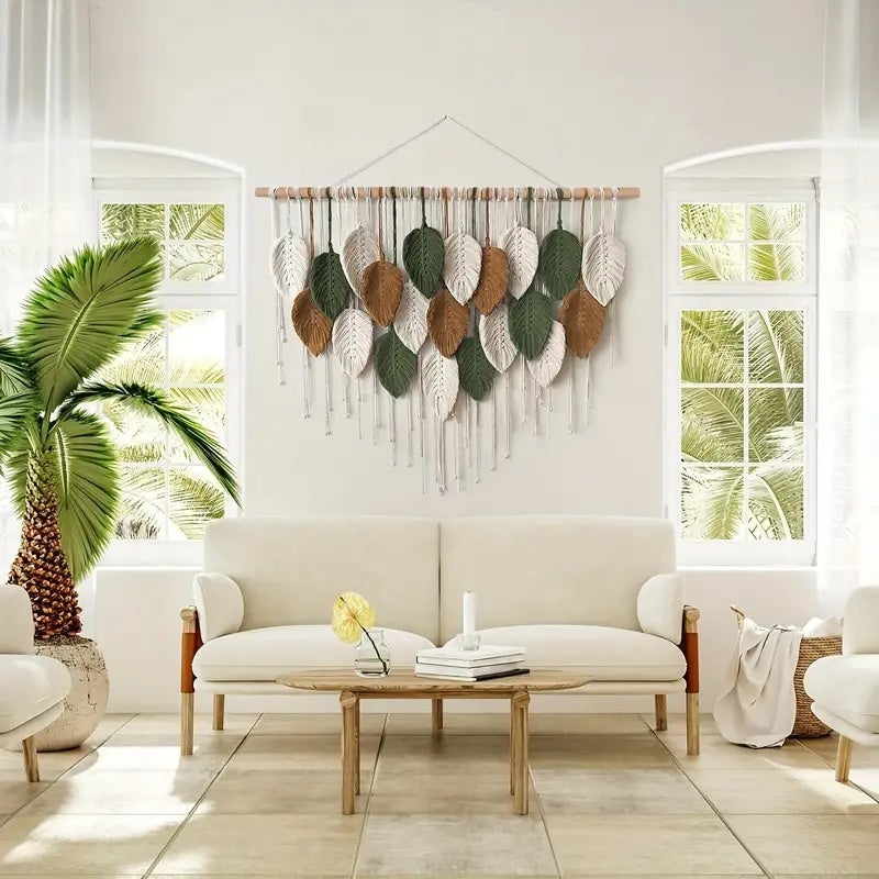 Grande tapisserie murale bohème en macramé à motif de feuilles avec pompons - Décoration artisanale multicolore pour salon ou chambre - 5