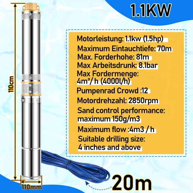 Pompa Sommersa Per Pozzi Profondi SHYLIYU 220V 550W - Portata 3300L/H, Profondità 89m - Foto 5