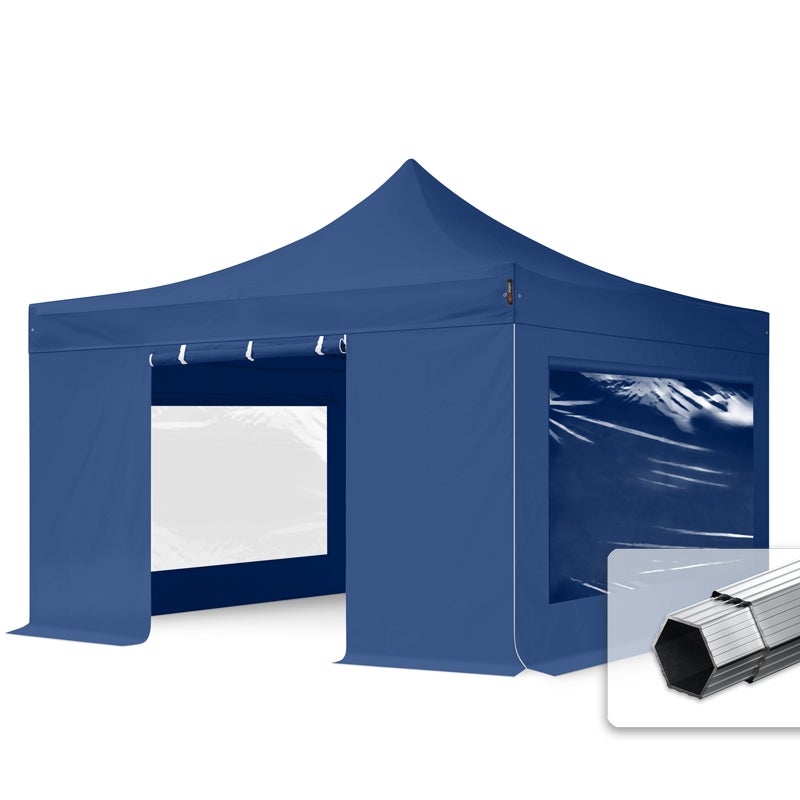 4x4 m Namiot Ekspresowy PROFESSIONAL Alu 40mm, ze ścianami bocznymi, okna panoramiczne, niebieski