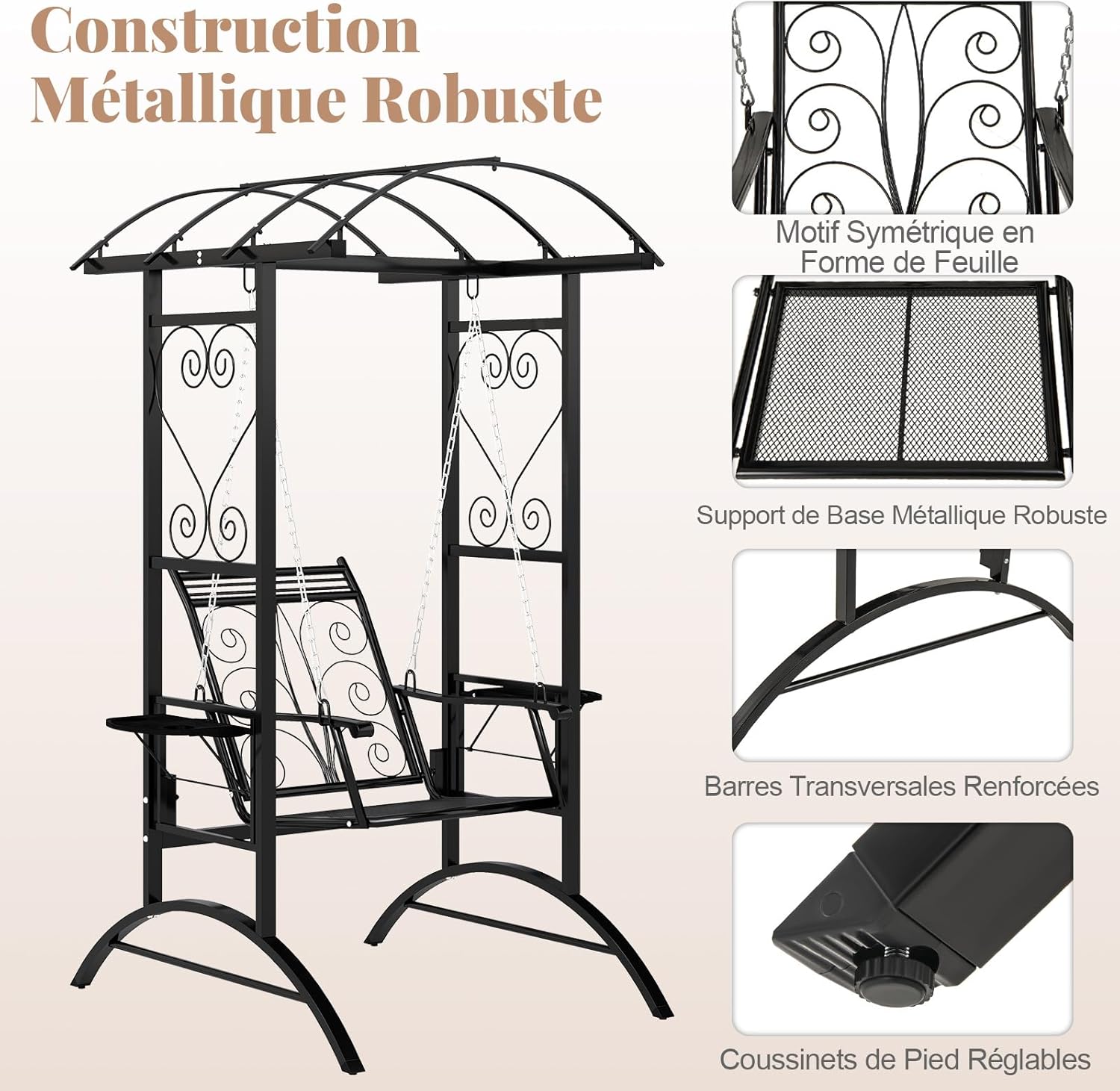 Balancelle d’Extérieur avec Support et 2 Treillis pour Adultes, Chaise de Balcon avec Coussins Amovibles et Tables Latérales pour Jardin, Balcon - 7