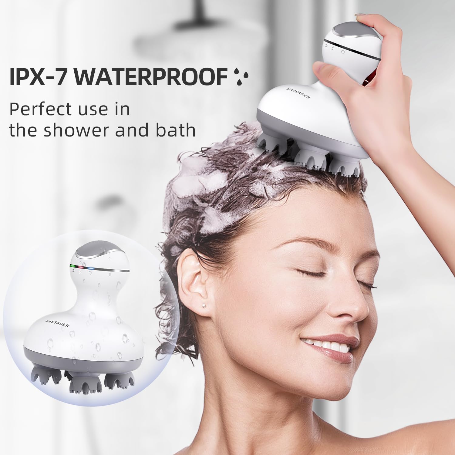 Massageador elétrico de cabeça, à prova d'água IPX7, com 4 modos de massagem na cabeça, alivia a fadiga e o desconforto na cabeça (branco) - 3